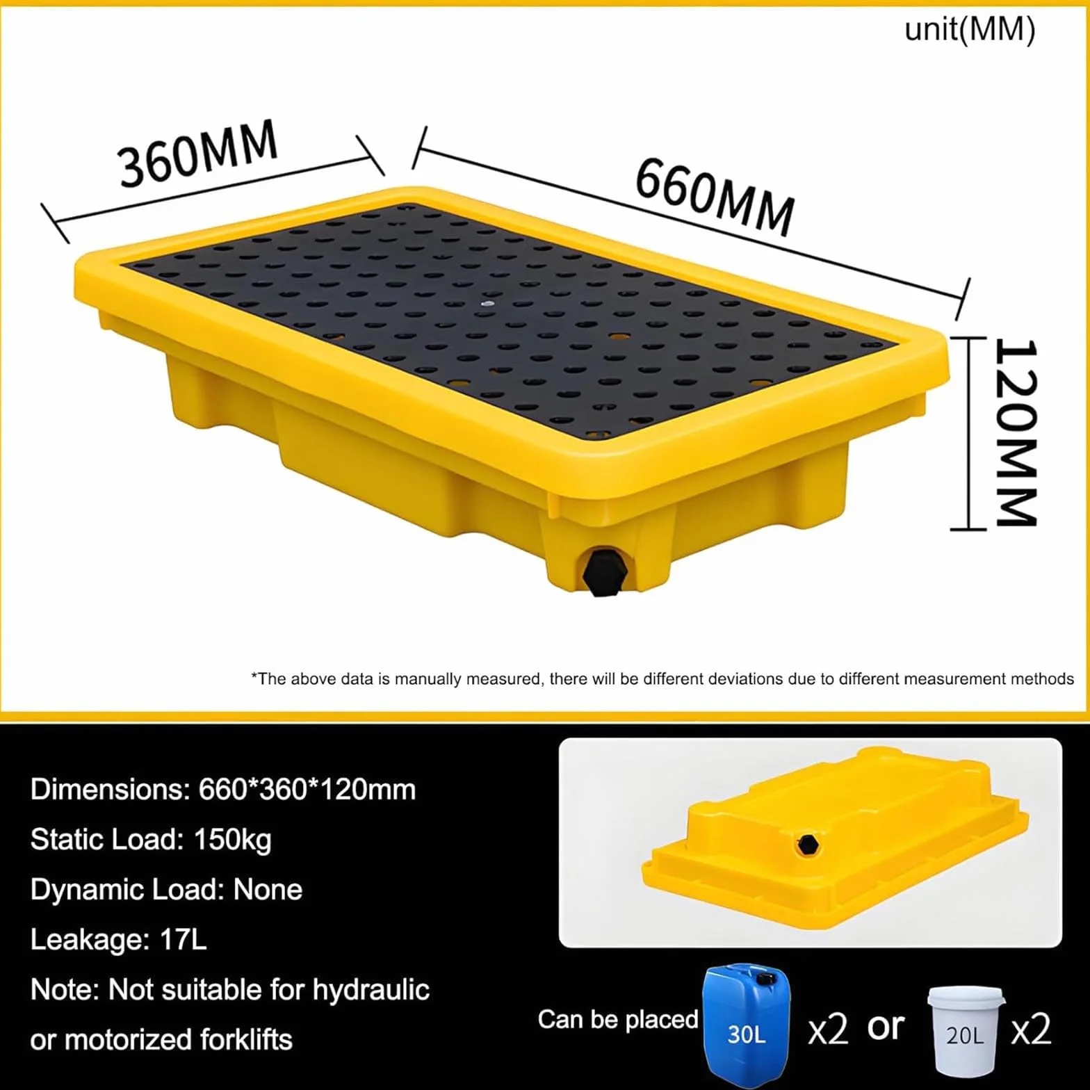 Bandeja de contención de derrames, plataforma modular para derrames con rejillas, bandeja de derrames de tanque de aceite para laboratorios y áreas de almacenamiento, 33,5 x 33,5 x 5,5 cm