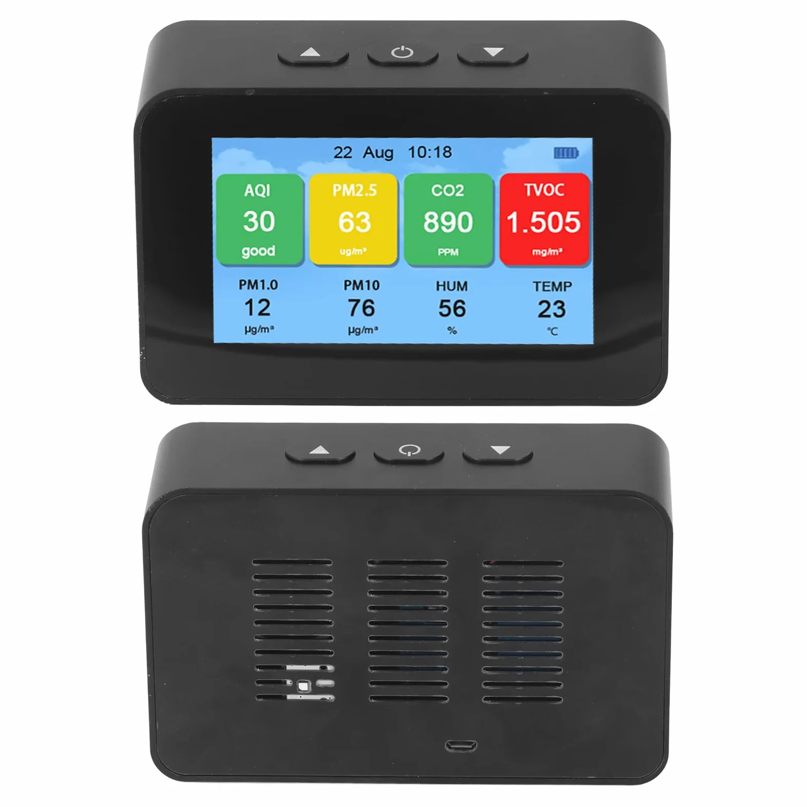 Hyuduo Monitor de Calidad del Aire, Detector LCD CO2 PM2.5 PM1.0 PM10 con Pantalla de Tiempo, Probador de Calidad del Aire Recargable Micro USB 3000 MAh para Uso en Interiores y Oficinas en el Hogar