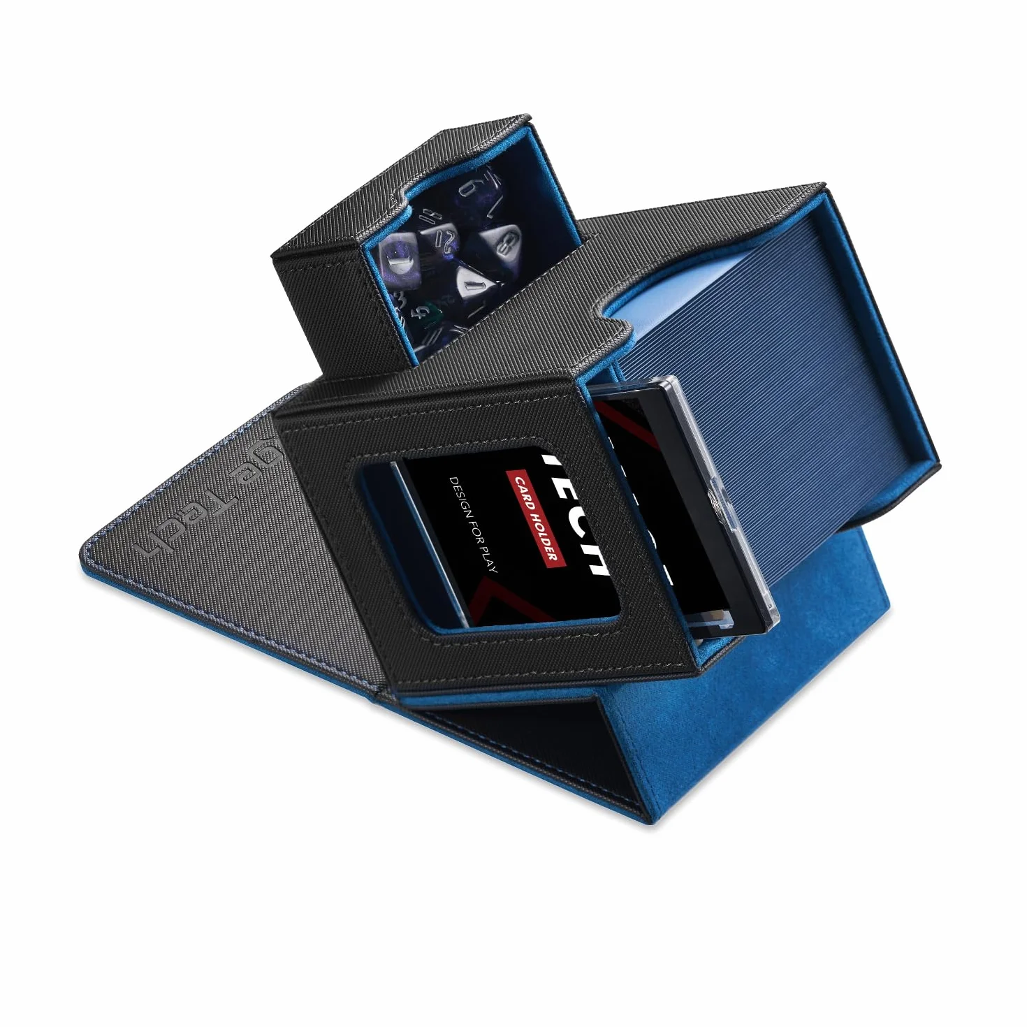 Mage Tech Card Commander Deck Box para MTG - Diseño patentado, expositor de Commander, 100 cartas doble manga, tarjetero magnético 35pt, bandeja dados - negro/azul