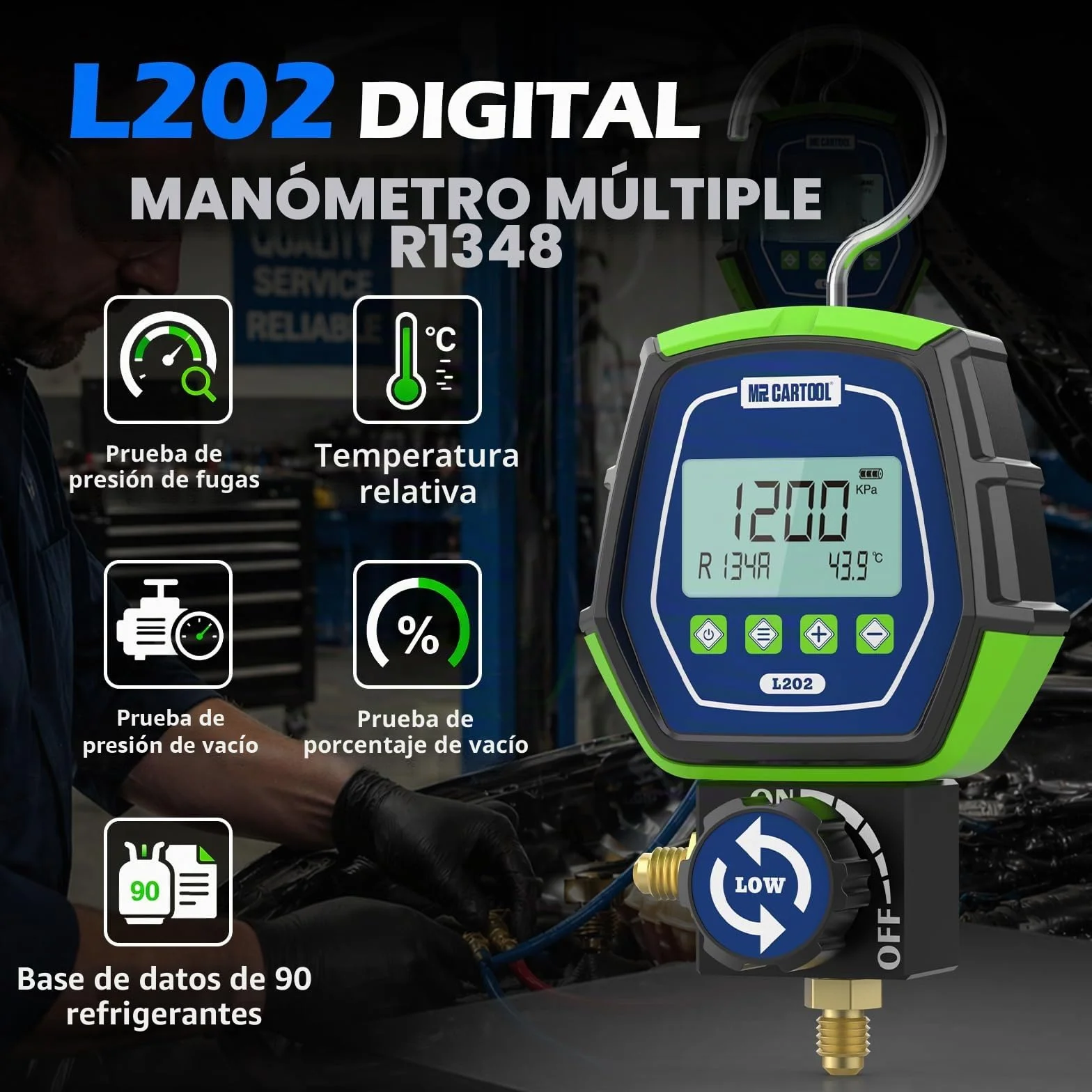 MR CARTOOL Manómetros Digitales Bomba de Vacío Aire Acondicionado R32 R134A R410A HVAC Probador Fugas Refrigeración