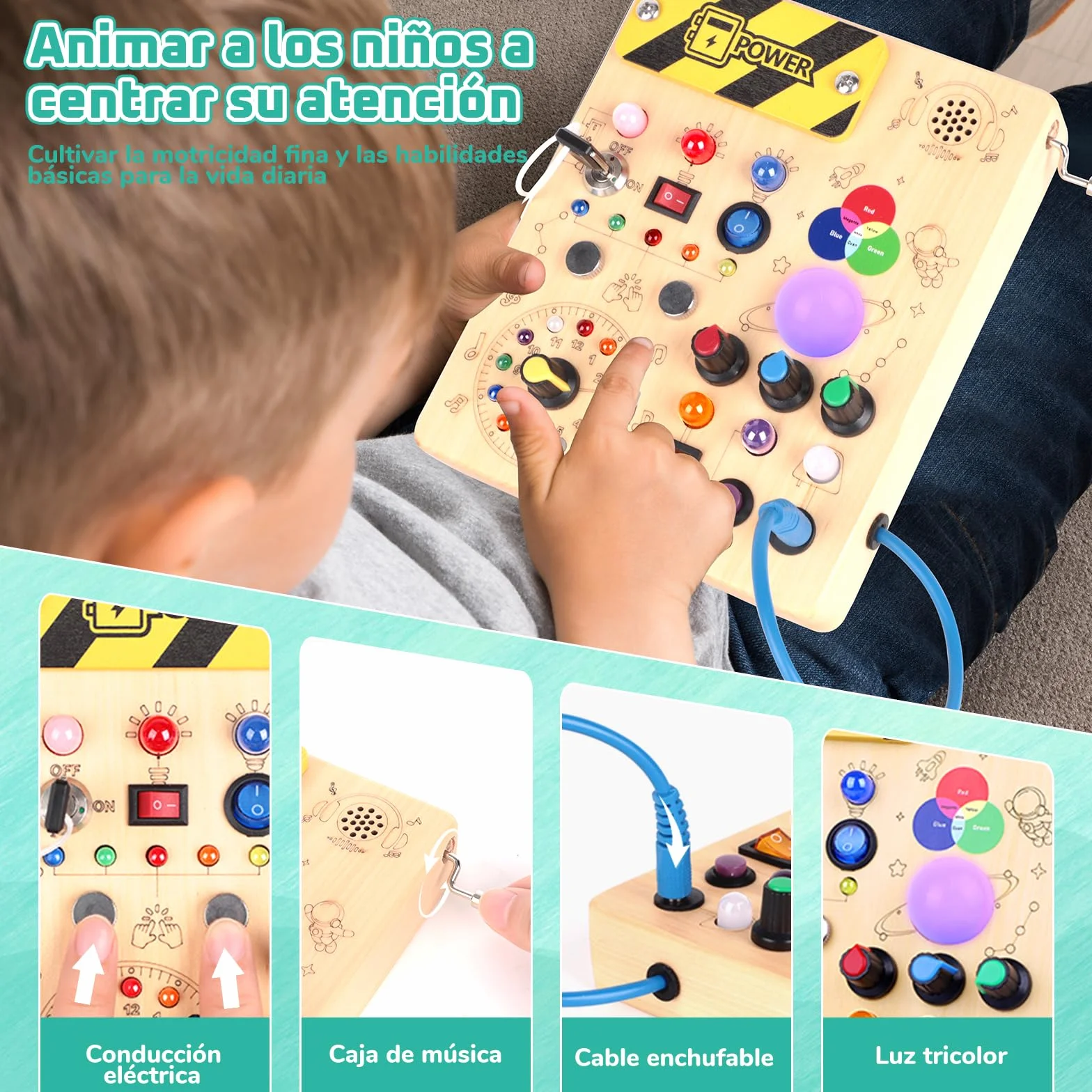 Konijiwa Busy Board Montessori 12 interruptores 24 Luces LED Juguete Aprendizaje Sensorial Madera 1 2 3 años