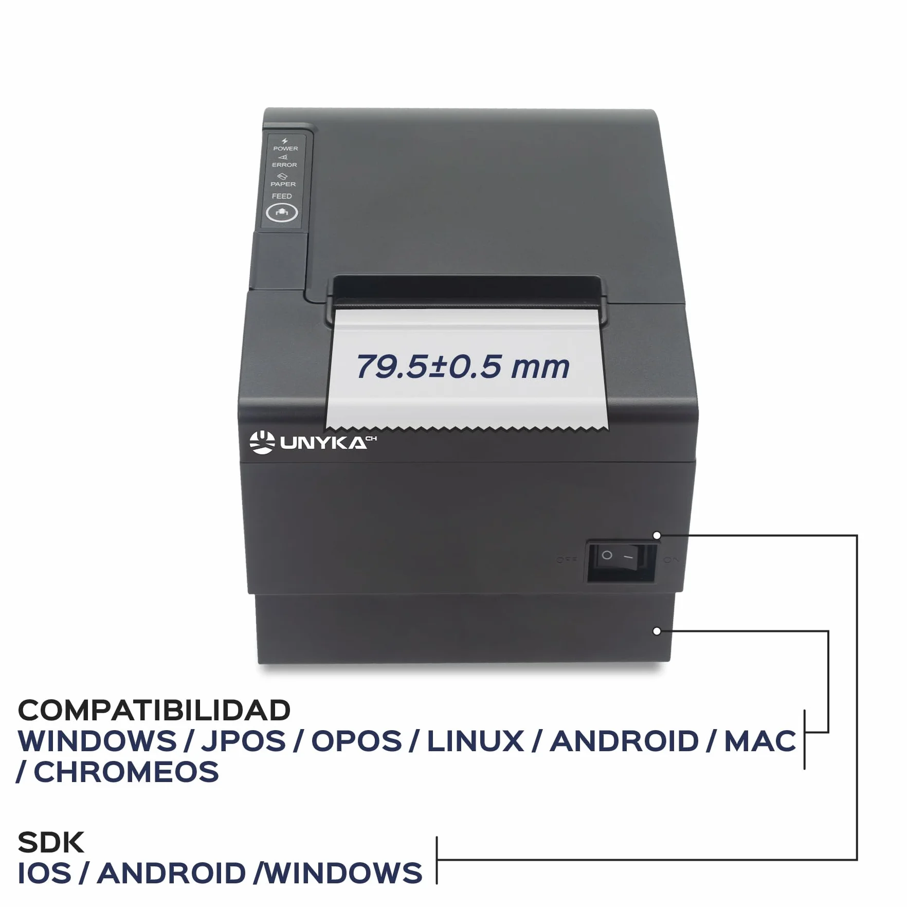 Unykach Impresora Térmica Tickets POS6 Bluetooth (Sólo Android) / Corte Automático/Conexiones USB, RJ12, RJ11, Compatible Windows, Mac, Linux, Android, JPOS, OPOS, ChromeOS (NO Compatible iPad)