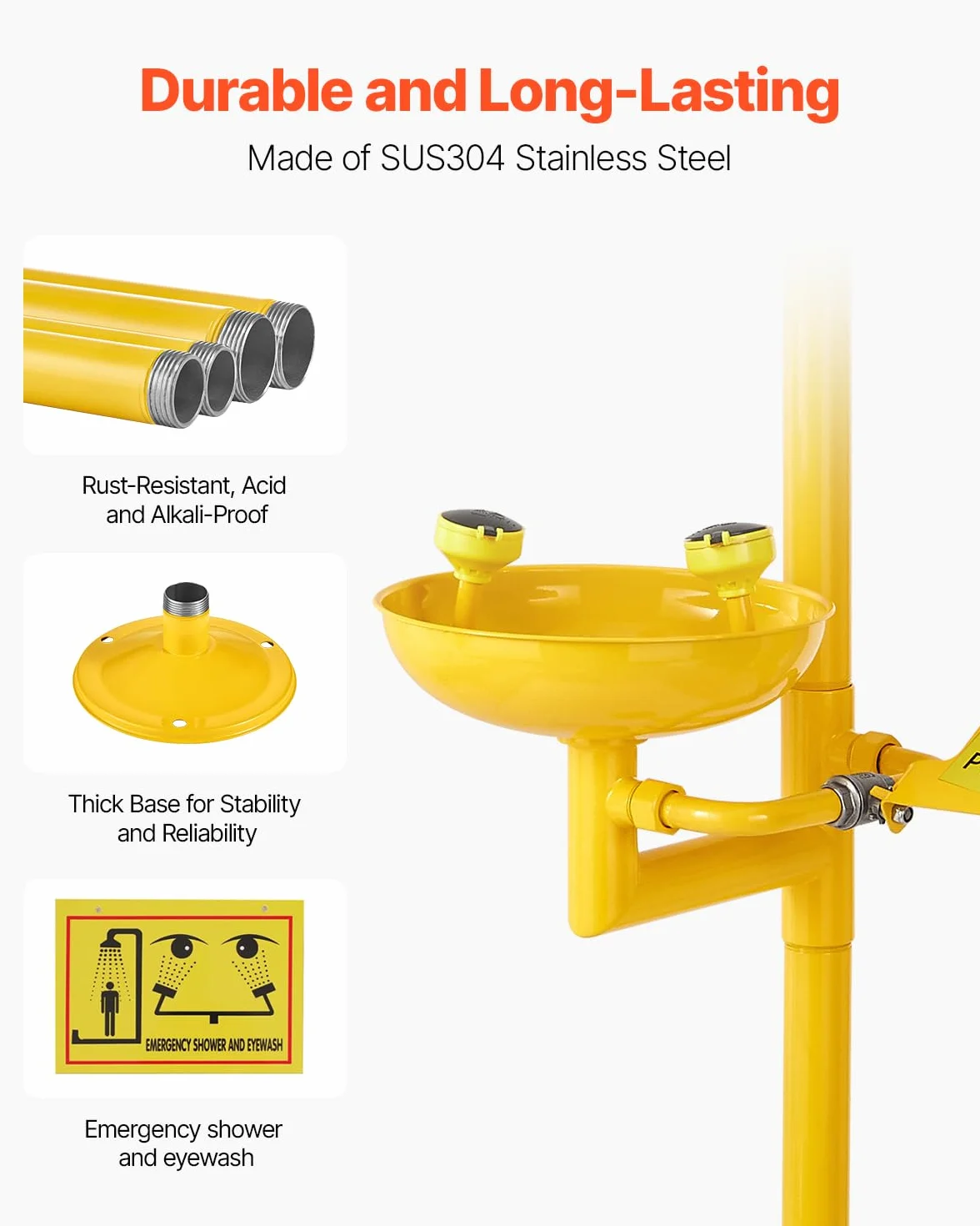 VEVOR Estación Lavaojos de Emergencia, Estación Lavaojos con Ducha de Emergencia 87 x 40 x 233 cm Diámetro del Lavabo para Lavado de Ojos de 27 cm para Escuelas, Laboratorios y Fábricas, Amarillo