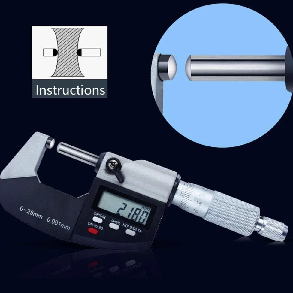 Micrómetro digital de 0 a 25 mm, herramienta de yunque de doble bola de precisión con punta redonda de carburo, medidor de grosor para recarga, rodamientos de motor, tubos y medición de tuberías