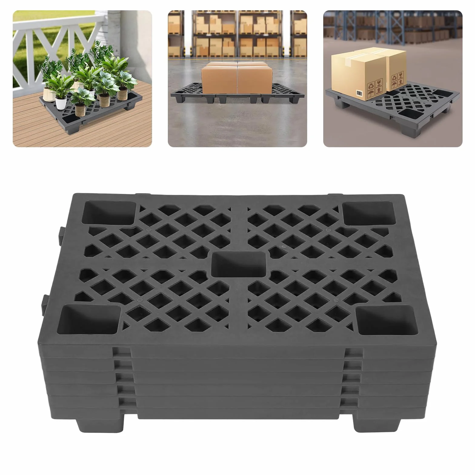6 palés de plástico para almacenamiento y transporte con capacidad de carga de 100 kg por palé para fábricas de almacenes (negro)