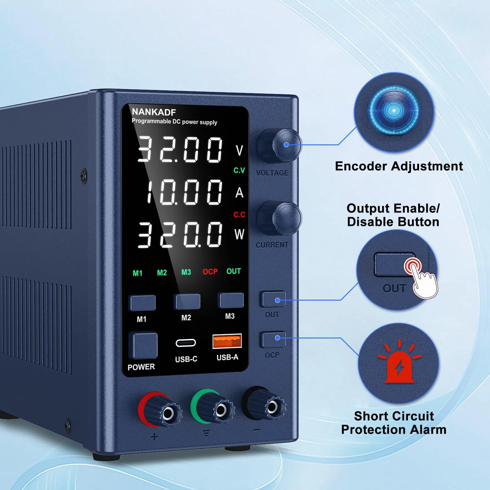 Fuente de Alimentación Ajustable 0-30V/0-10A, DC Fuente de Alimentación Regulada de Alta Precisión de Laboratorio Pantalla LED de 4 Dígitos,con Control de Codificador y Memoria de Datos