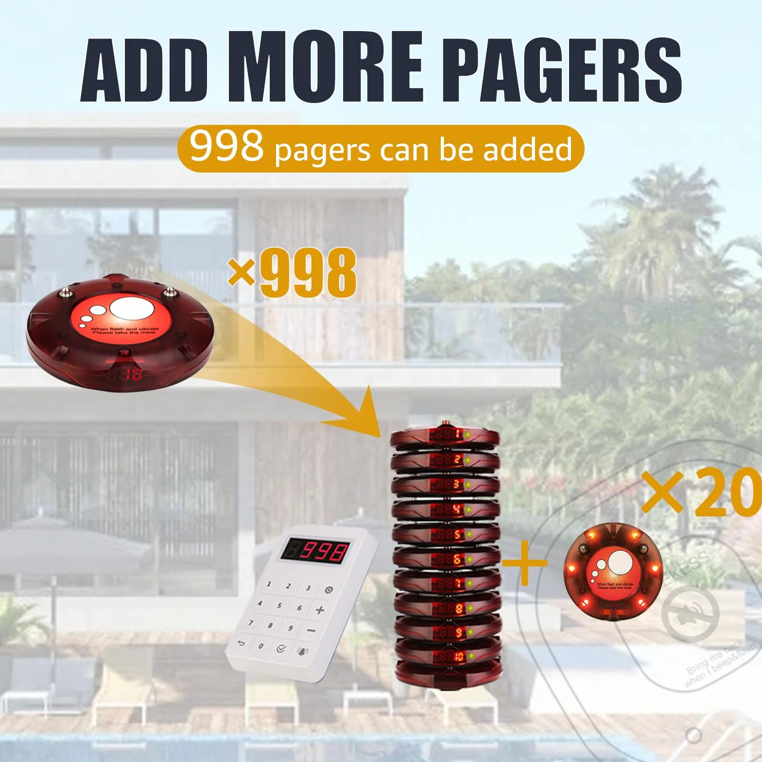 Retekess TD158 Sistema de Llamadas, 30 Buscapersonas, Exterior 500M, Tubo Digital LED, Material PC Transparente, Batería 300 mAh 20H, Avisador Clientes para Patios de Comidas, Centros Comerciales