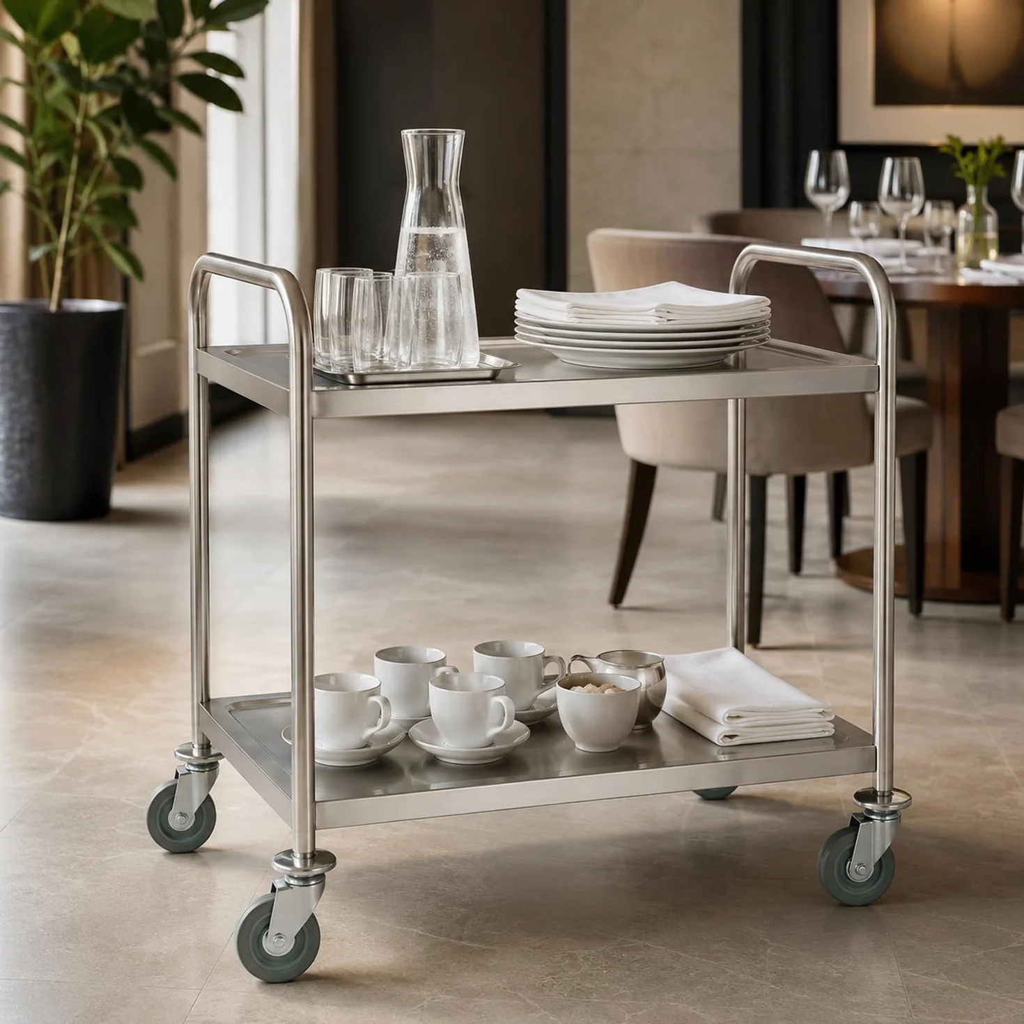 APS Servier – /Transporte máquina Aprox. 91 x 59 cm, Altura 93 cm de Acero Inoxidable Mate, 2 estantes a Dimensiones: Aprox. 83 x 51 cm Dimensiones Entre Borden Color 56 cm