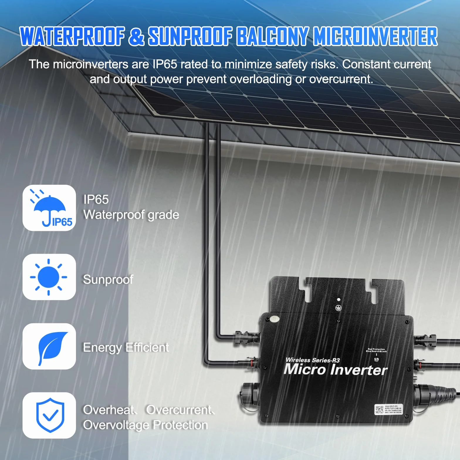 Microinversor 600W,Inversor Solar Inteligente,Inversor fotovoltaico para 2X 375w Paneles solares,Entrada 20-60Vdc,MPPT Integrado,WiFi App.