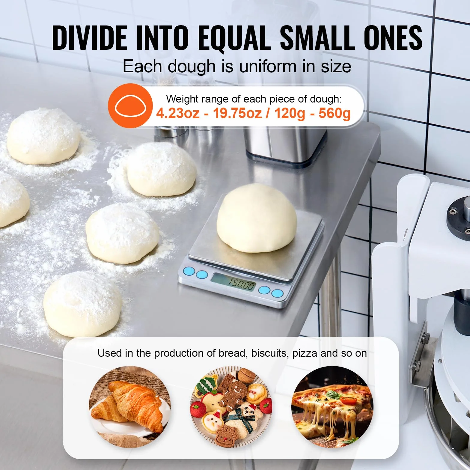 VEVOR Máquina Divisor de Masa Manual 10 Piezas Cortador de Masa de Prensa Manual Vertical 120-560 g con Bandeja y Hoja de Acero Inoxidable Máquina para Hacer Pan para Panadería, Restaurante