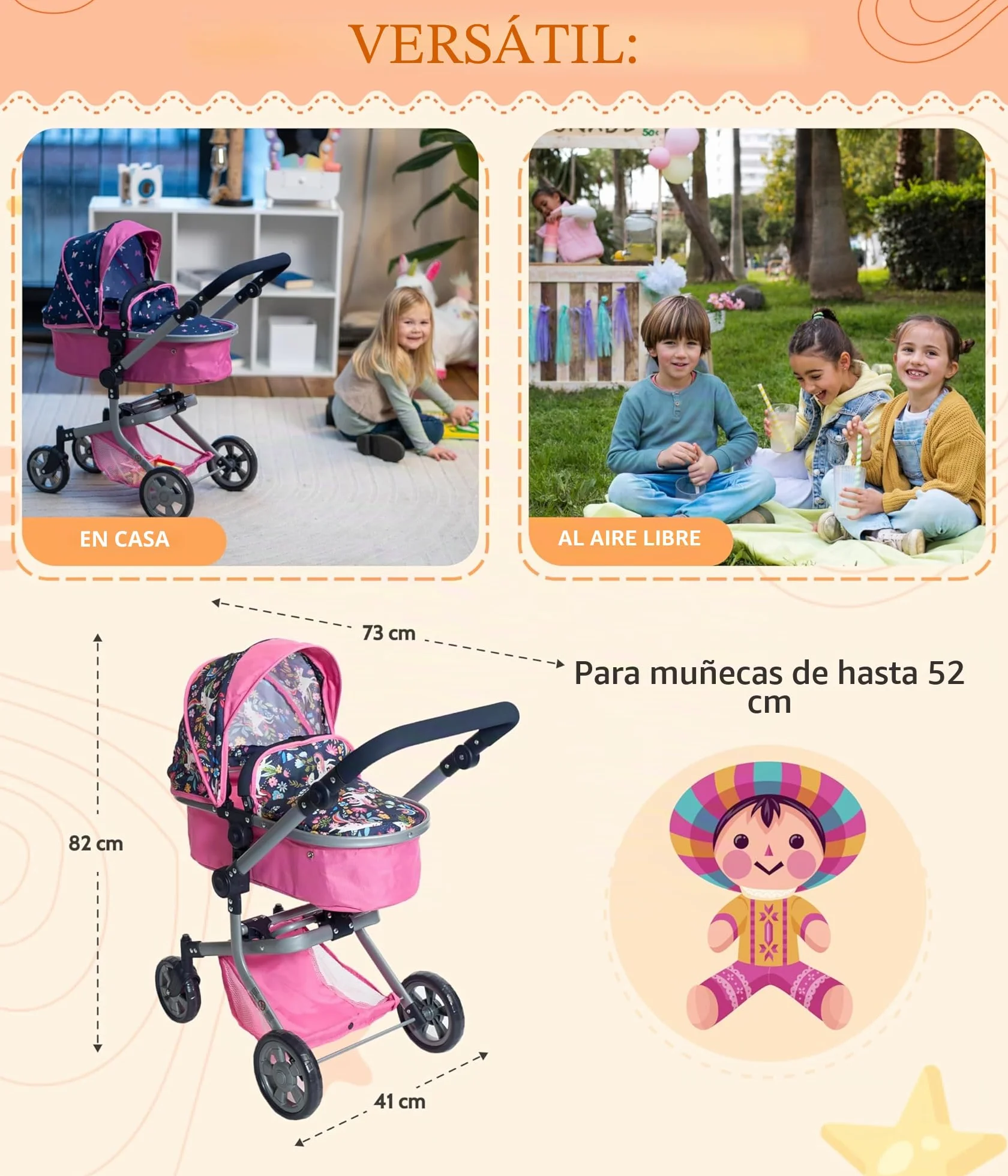 Bayer Chic 2000 Cochecito de muñecas Mika 2 en 1 para niños de 4 a 8 años Estrellas moradas