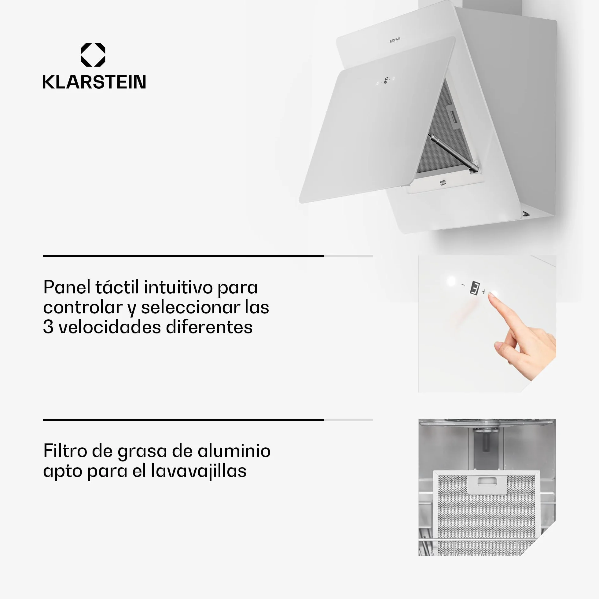Klarstein Campana Extractora Cocina Pared Filtro Aluminio Antigrasa Lavavajillas 607m³/h LEDs Controles Táctil