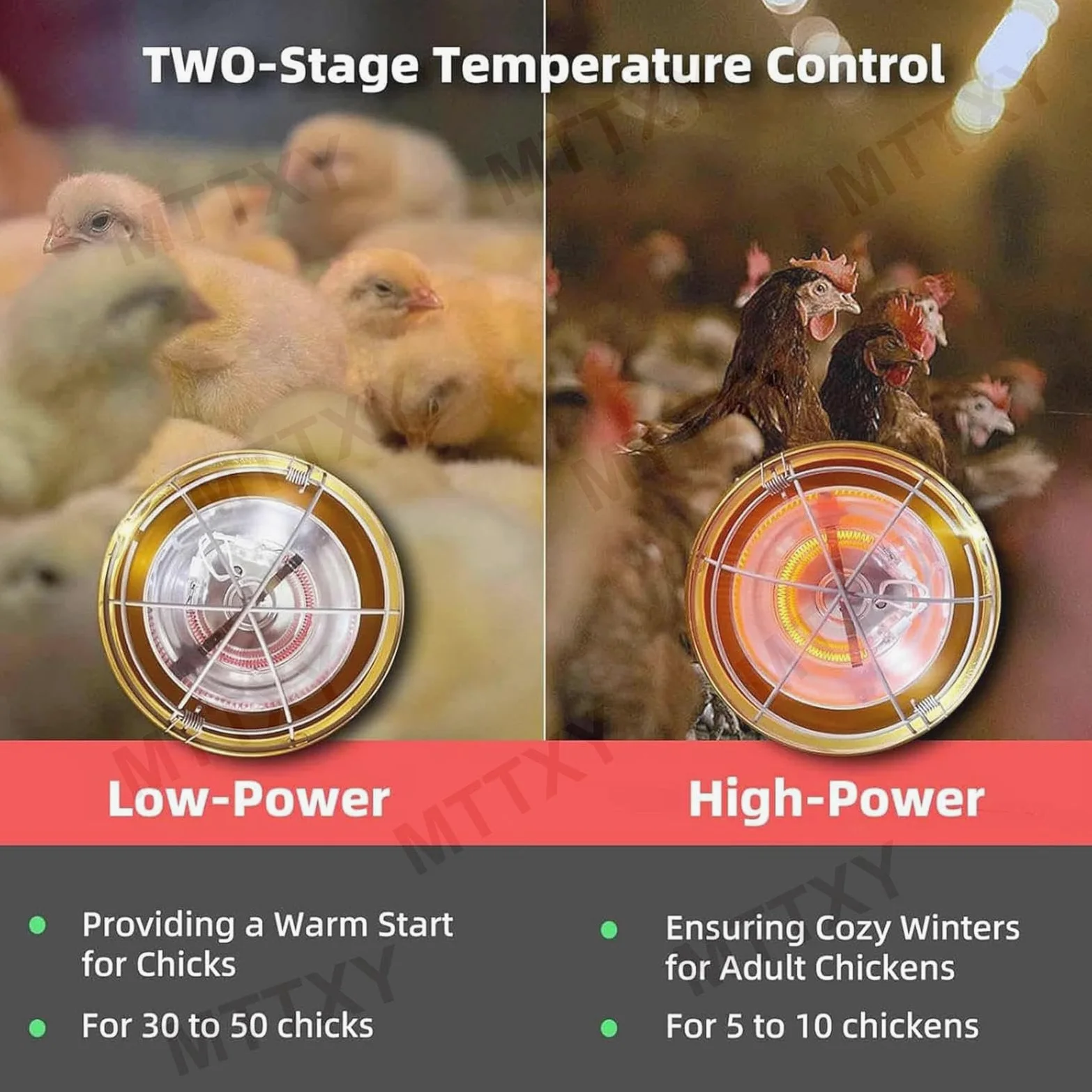 Lámpara calefactora para pollos, calentador para gallineros con bombilla de fibra de carbono, lámpara calefactora colgante para criaderos de pollos en invierno, dos temperaturas ajustables ,30cm