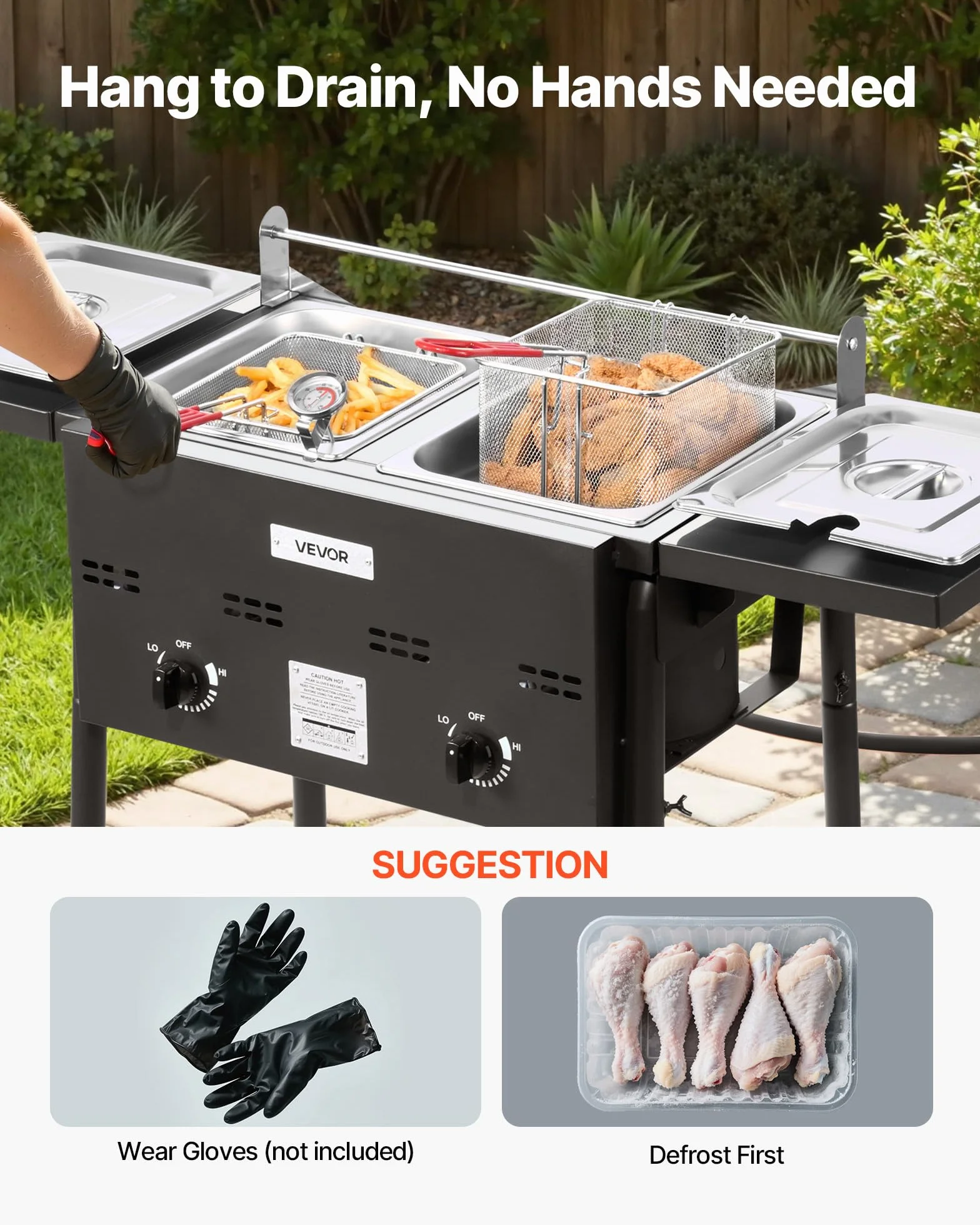 VEVOR Freidora de gas propano de doble depósito 9Lx2, aparato de cocción de propano de acero inoxidable, independiente con plataforma plegable y ajuste del calor, para exterior y restaurante Snack-bar