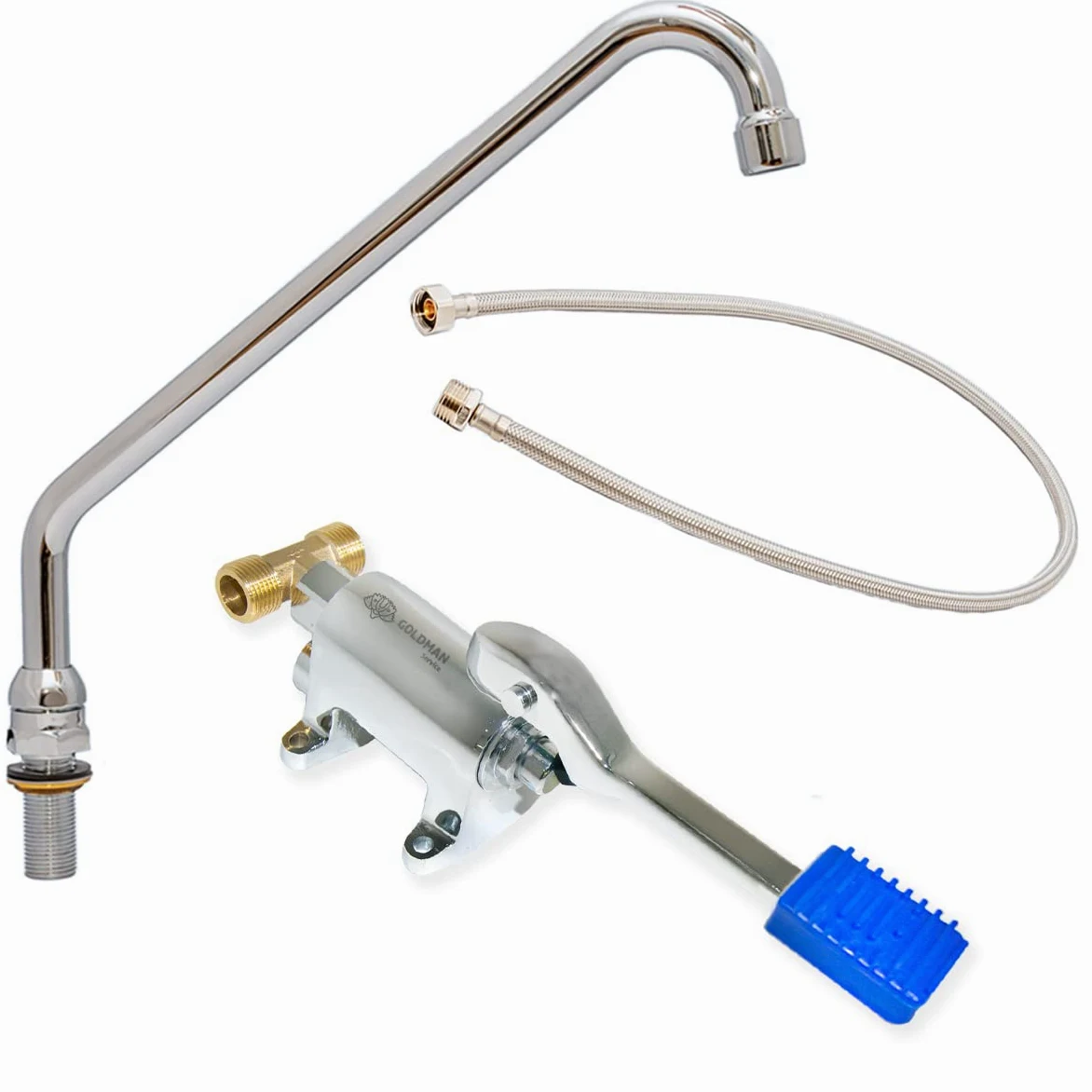 GOLDMAN SERVICE Set de Grifo Pedal para Fregaderos Industriales Hostelería - Caño Alto - Latiguillo - Adaptador conexión para dos aguas Fría - Caliente