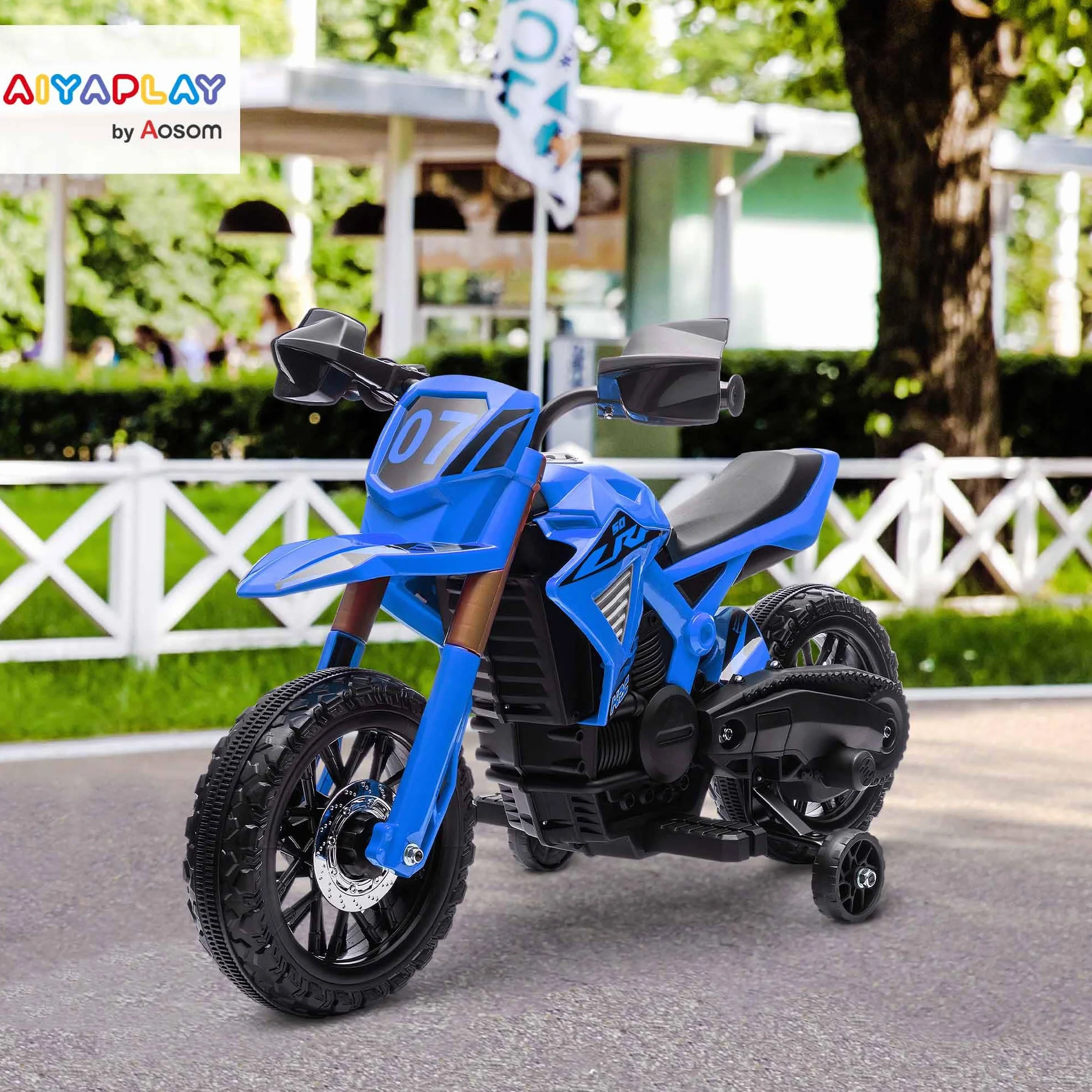 AIYAPLAY Moto Eléctrica para Niños 12V con Ruedas de Entrenamiento Acelerador Bocina Carga 30 kg Azul