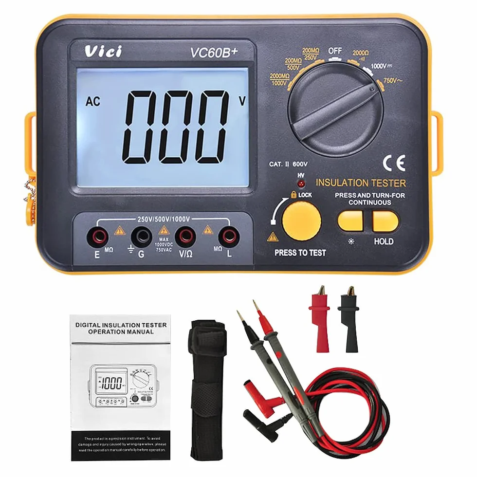 Megger Megohm Meter VCB60+ Probador de resistencia de aislamiento digital 1000V 0.1~2000MΩ (negro + naranja)