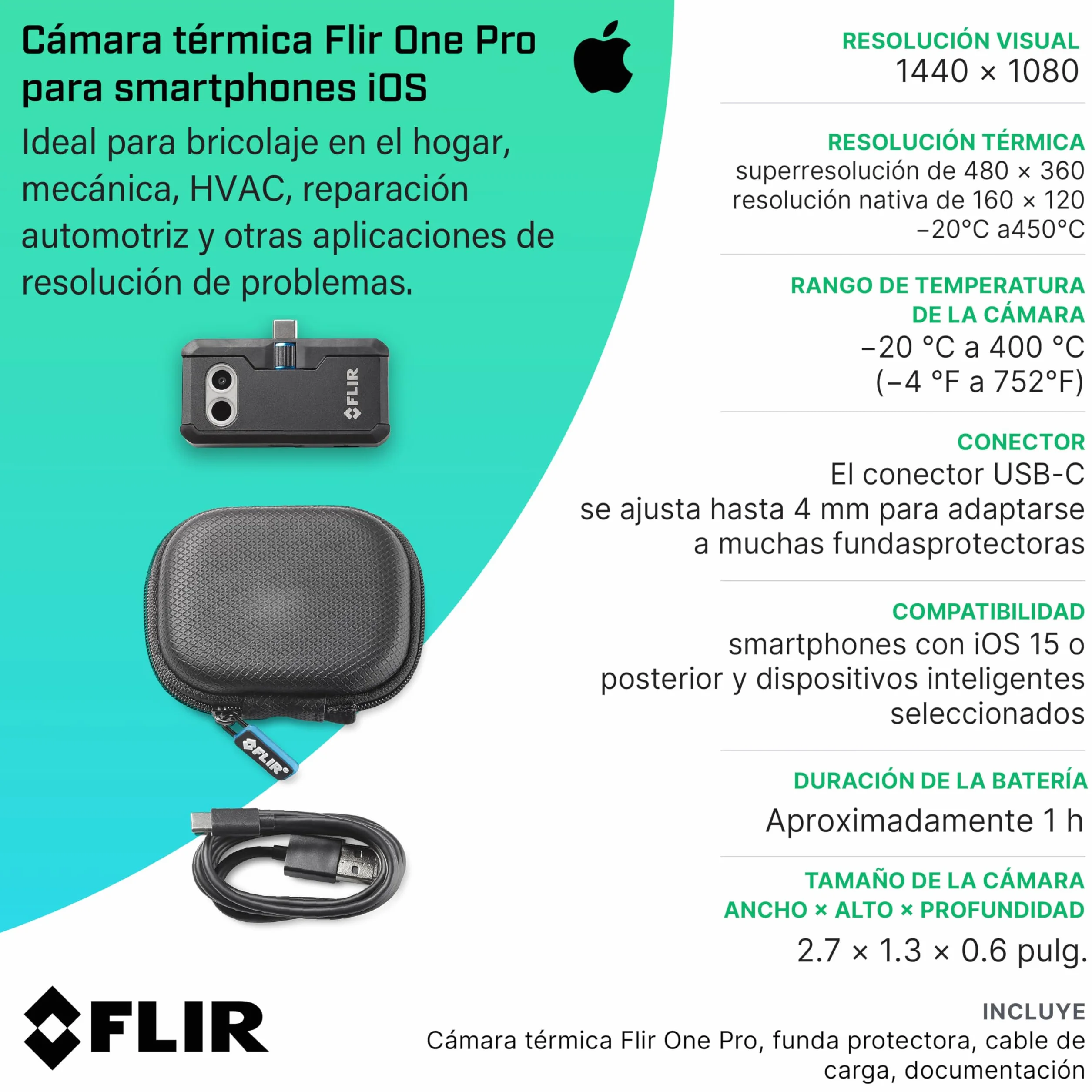 Flir One Pro - Cámara Termográfica Para Smartphones iOS (iPhone 15 Y Posteriores Con USB-C), Súper Resolución De 480X360 (IR Nativo De 160X120)
