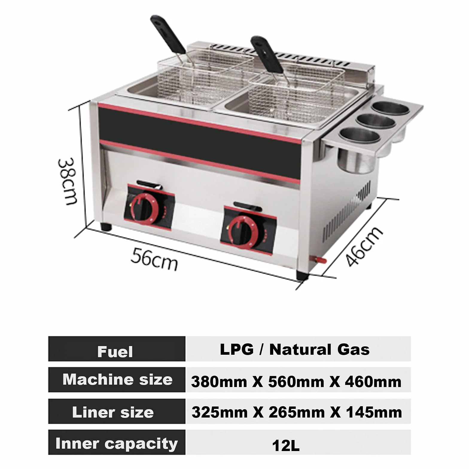 Freidora de Gas Comercial, freidora de Gas LPG para encimera, Acero Inoxidable, freidora Doble de Gran Capacidad de 22 l, con cestas extraíbles, Potencia de Fuego Ajustable, fácil de Limpia