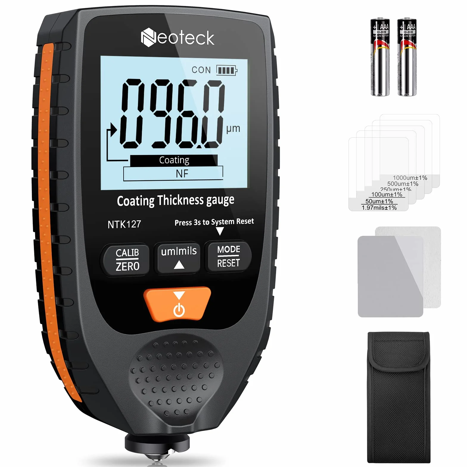 Neoteck Medidor de Espesor 0-1500um Medidor de Espesor de Recubrimiento de Pintura para Automóvil Sonda Fe&NFe con Retroiluminación para Automóviles de Metal con Base de Acero y Aluminio