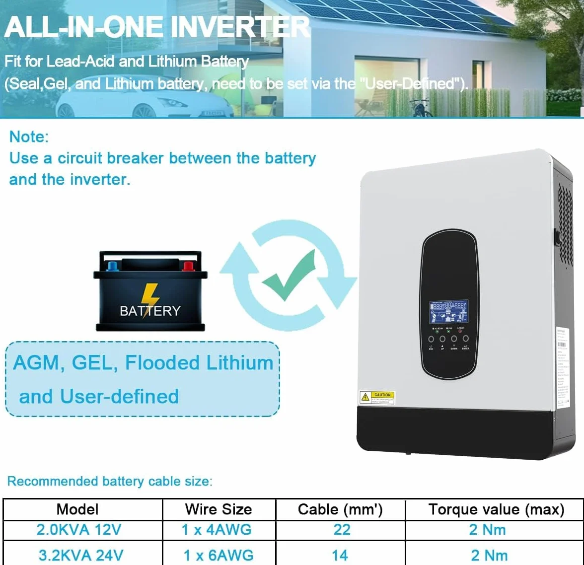 Inversor solar híbrido de 3 kW DC24 V a CA 230 V, inversor sinusoidal puro independiente de la red con cargador solar MPPT de 80 A + cargador de CA, máx. PV 3000 W DC130-430 V