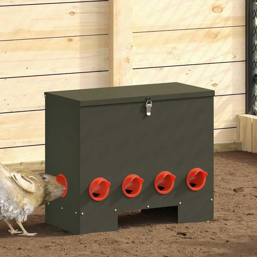 Comedero para gallinas de acero verde oliva 60,5 x 29 x 51 cm, diseño moderno para exterior e interior, fácil acceso a la comida con gran espacio de almacenamiento, resistente a los
