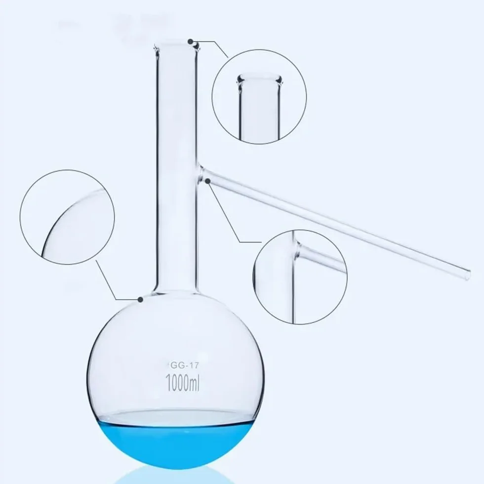 Cristalería de Laboratorio Matraz de destilación de vidrio de borosilicato corto de 60 ml a 1000 ml con tubo lateral, lote de 1 unidad.(1000ml)