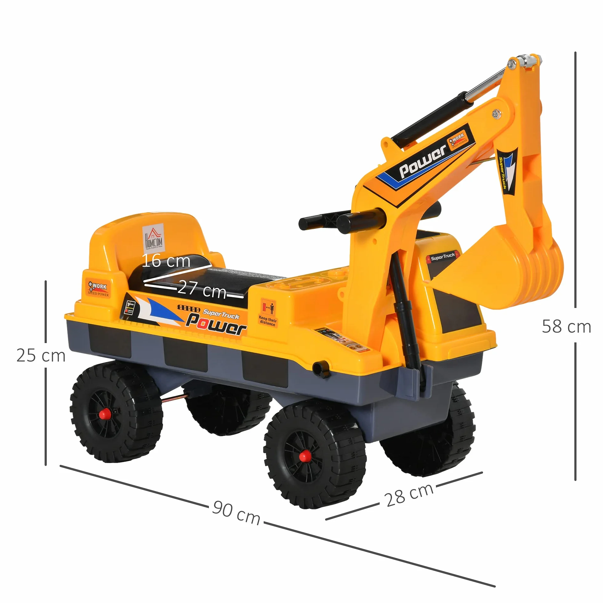 HOMCOM Tractor sin Pedales para Niños Excavadora Correpasillos con Pala Delantera Luces Música 90x28x58 cm Amarillo