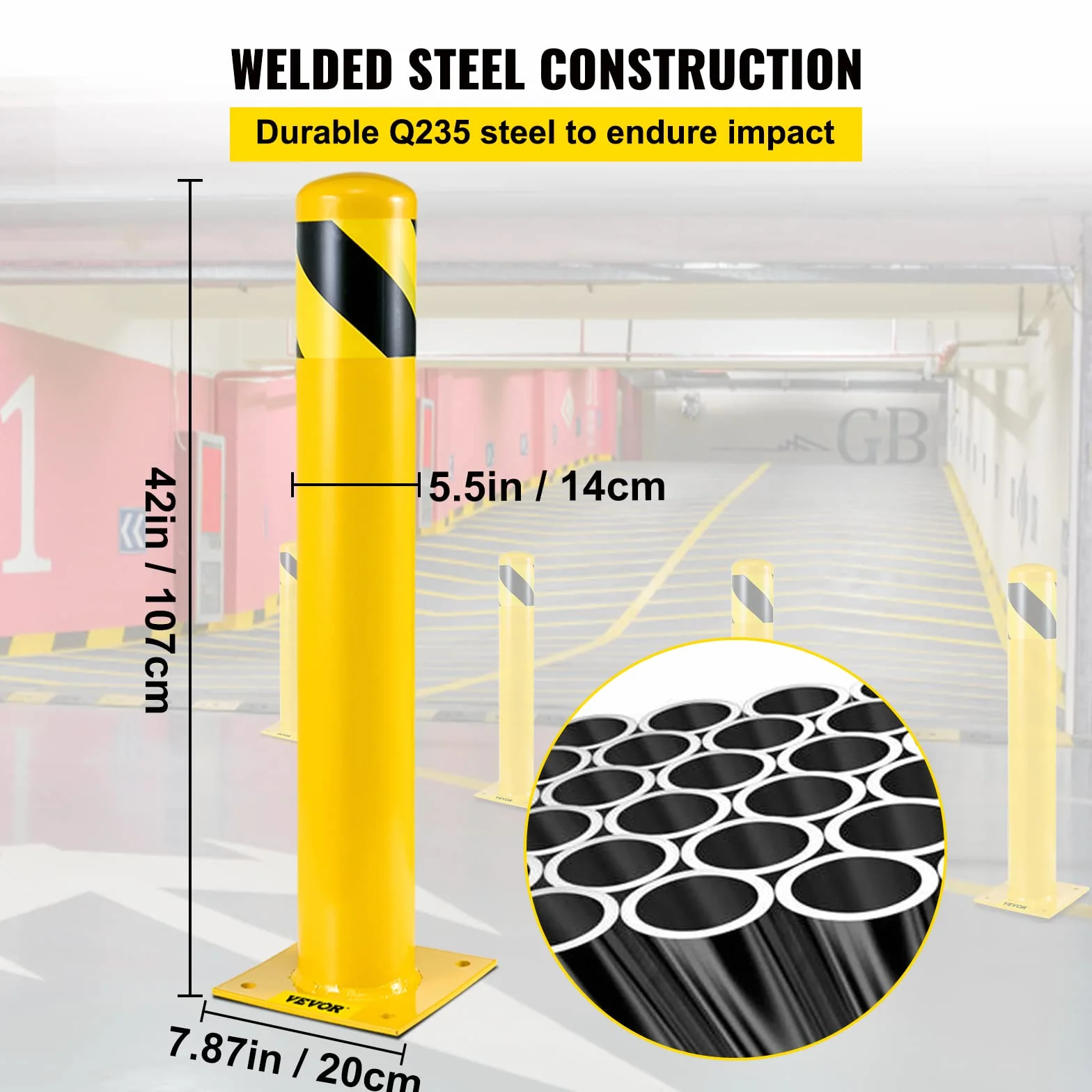 VEVOR Bolardo de Seguridad 107x14 cm 2 Piezas Bolardo de Seguridad de Tubo de Acero Recubrimiento de Polvo Amarillo Barrera de Seguridad con 8 Pernos de Anclaje para Aparcamiento, Peatones, Escuelas