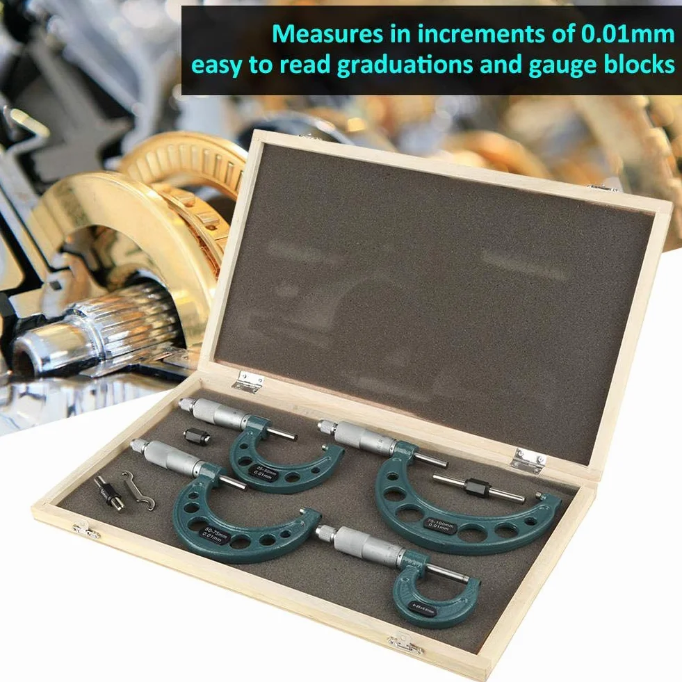 Juego de Micrómetros de Exteriores, 4 Piezas, 0-100mm, Medición de Longitud, para Talleres Mecánicos y Automóvil
