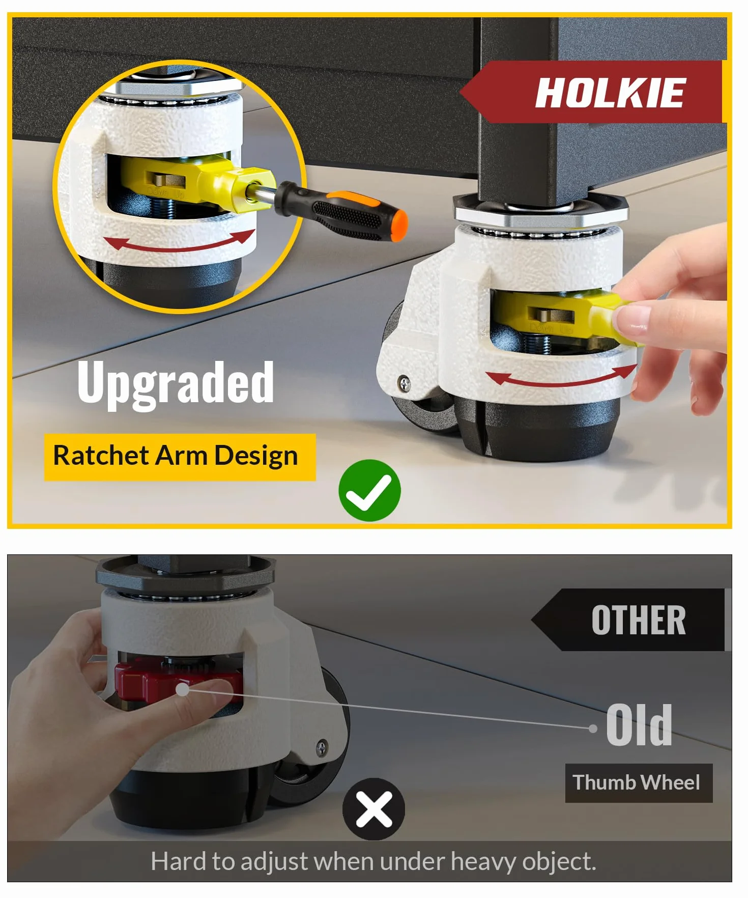 HOLKIE Juego de 4 ruedas giratorias niveladoras de alta pesados con mango de trinquete, ruedas retráctiles de tamaño de tornillo M12 y 1/2", ruedas ajustables para muebles, capacidad total de 2250 kg