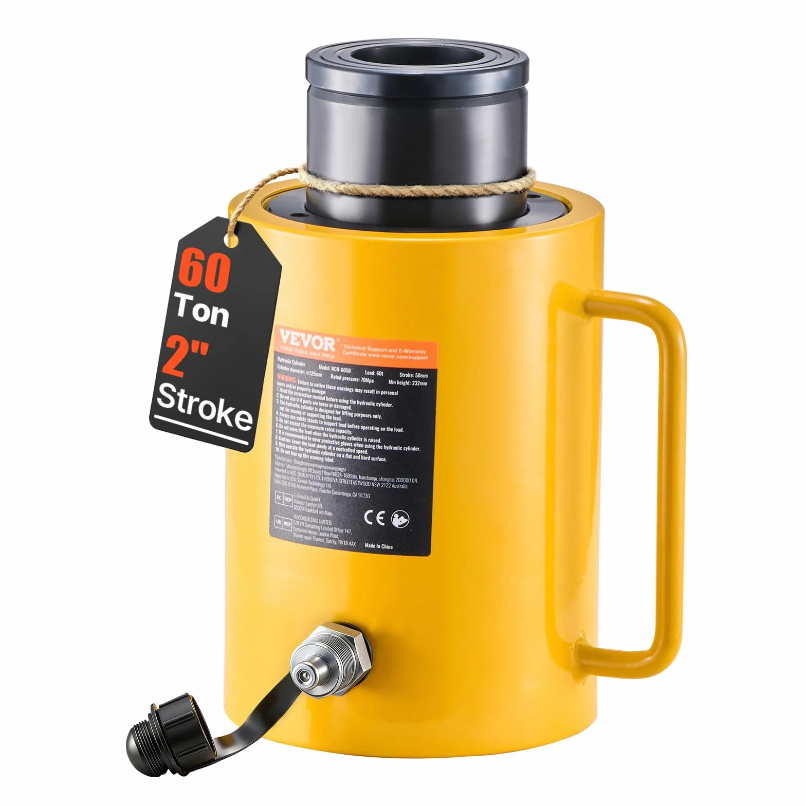 VEVOR Gato Hidráulico Carretilla Capacidad de 60 t, Gato Hidráulico para Coche, Carrera del Pistón de 50 mm, Altura Total de 230 más 12 mm, para Coche, Furgoneta, Barco, Camión, Caravana
