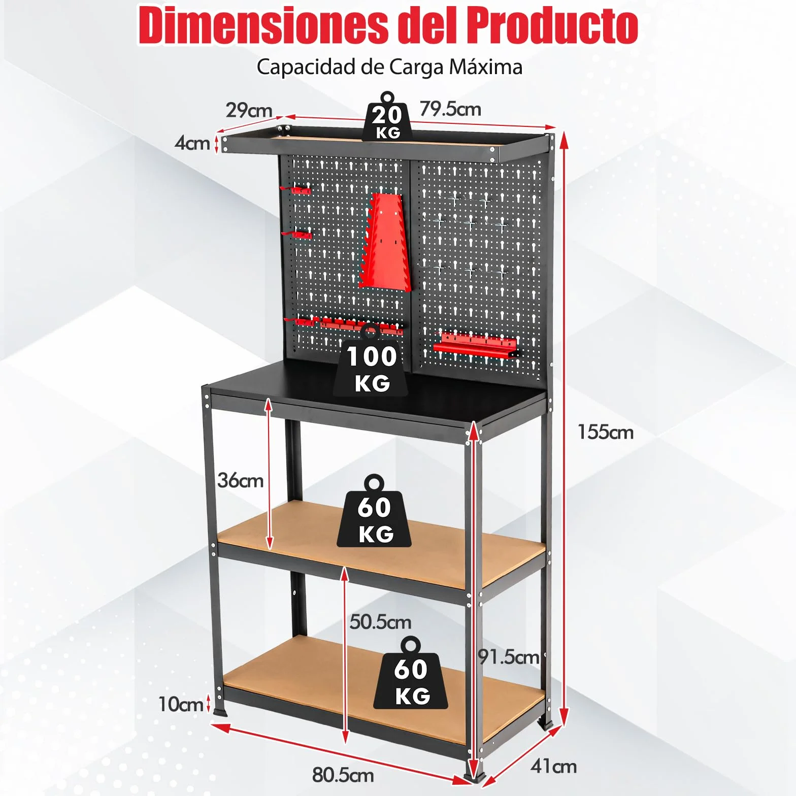Banco de Trabajo Taller GYMAX, Capacidad Carga 100 kg, Mesa con Pared Perforada, 13 Accesorios, Negro