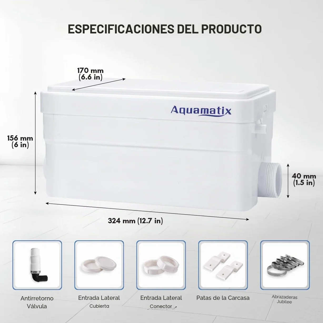 Aquamatix Duscha Bomba de ducha 250W Triturador Sanitario compacta 10m de distancia de bombeo vertical 135L/min para duchas, lavabos 2 entradas