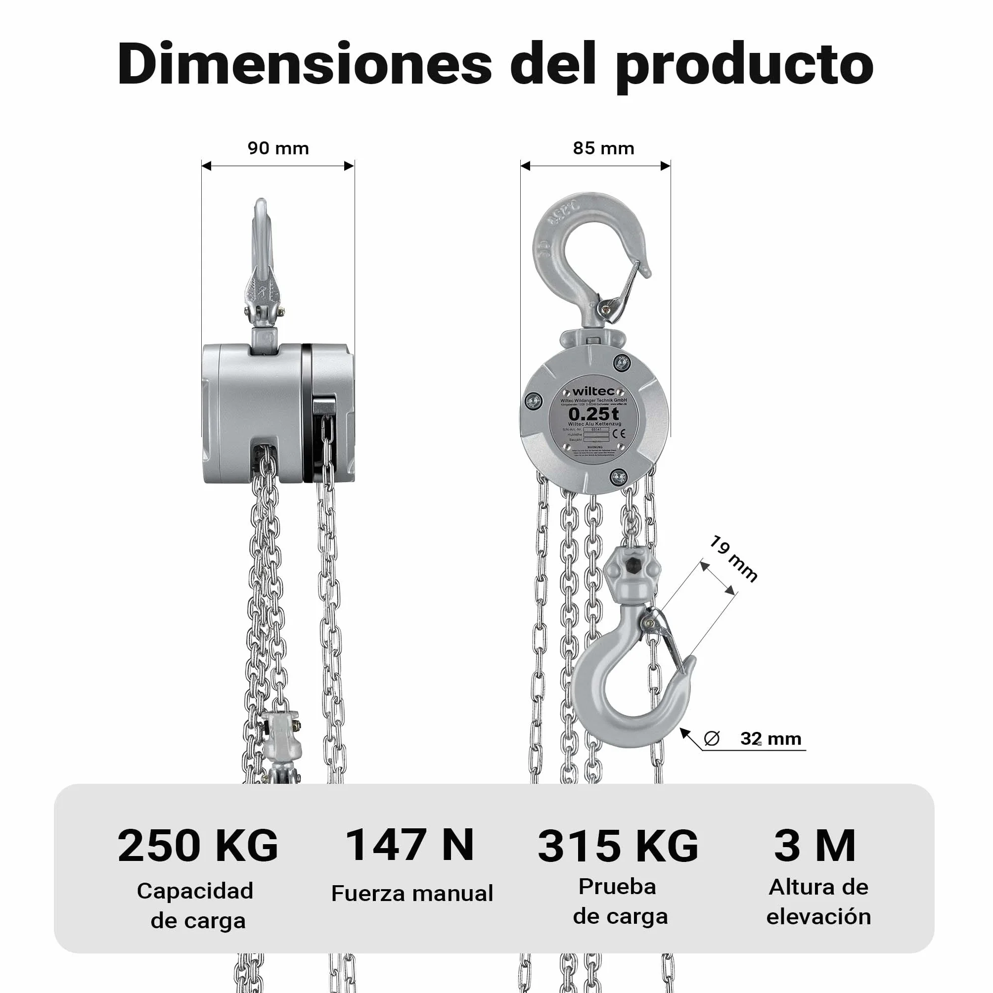 Wiltec Polipasto de cadena 250 kg G100 carcasa de aluminio 3 m de elevación cabrestante manual sistema de freno y engranaje reductor para mayor seguridad y facilidad de uso