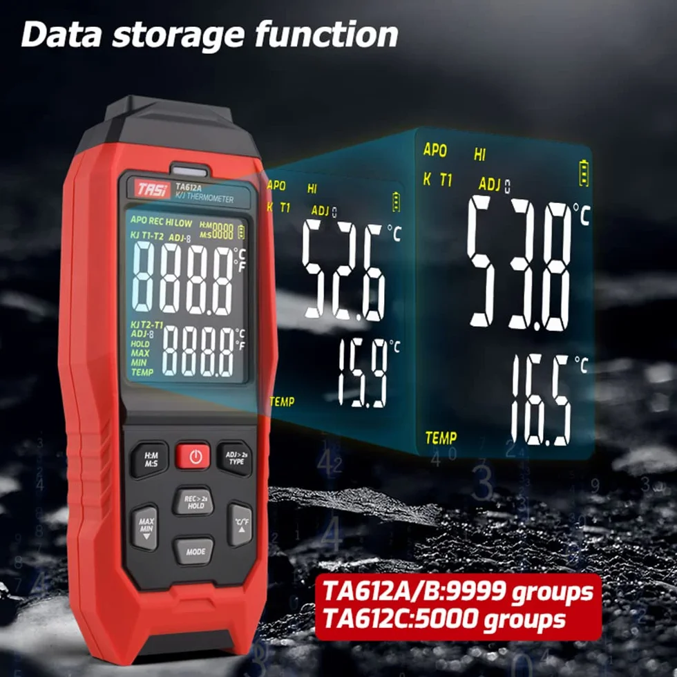 TASI TA612C Termómetro termopar tipo K/J de 4 canales -200~1372℃/ -328~2501℉ Medidor de temperatura LCD digital portátil 5000 Grupos Almacenamiento de datos con carga de datos USB y