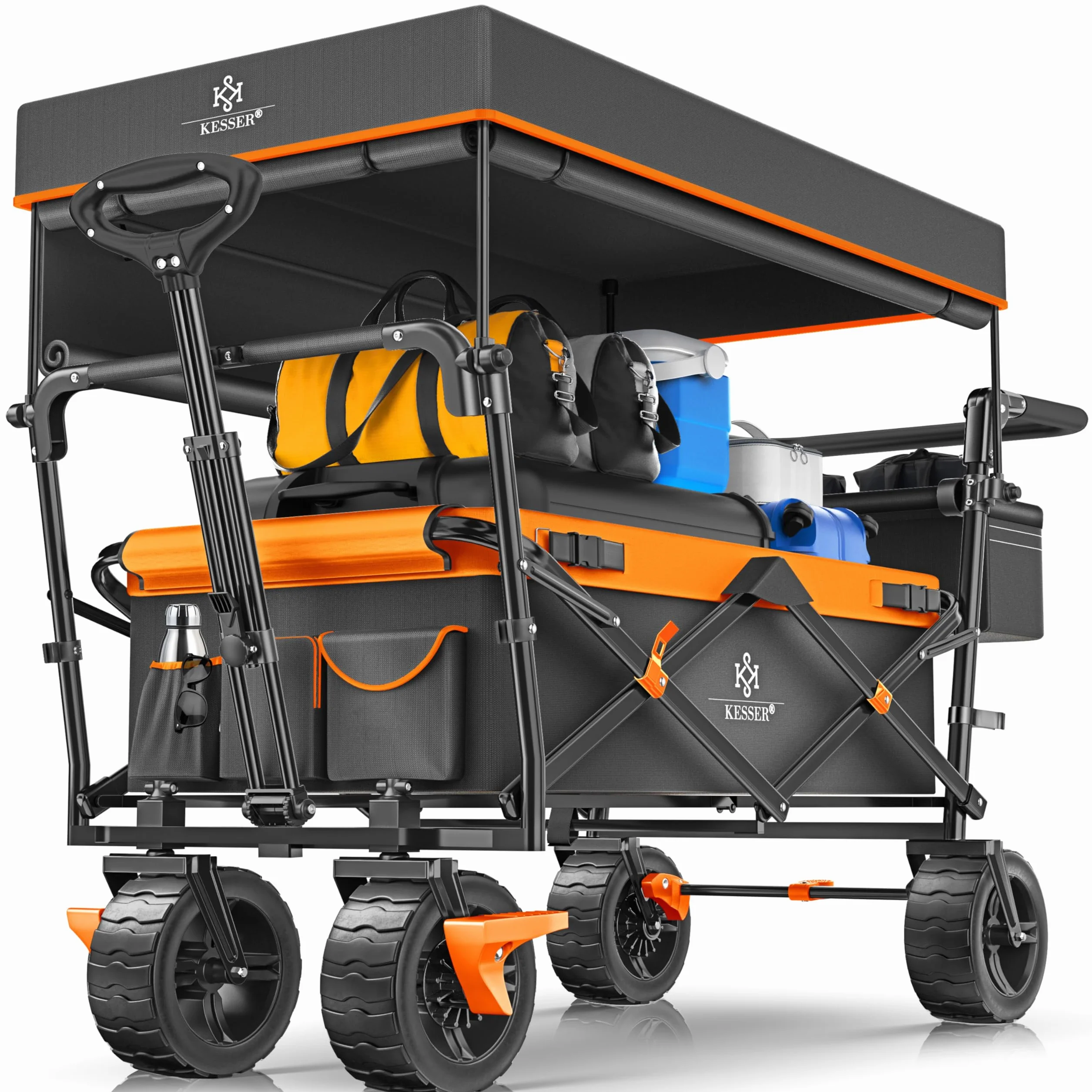 KESSER® Carro plegable GT9000 con techo | Máx. soporta 150 kg, ruedas de goma dura, frenos de estacionamiento (delantero y trasero) | Cerradura, cubierta, clima