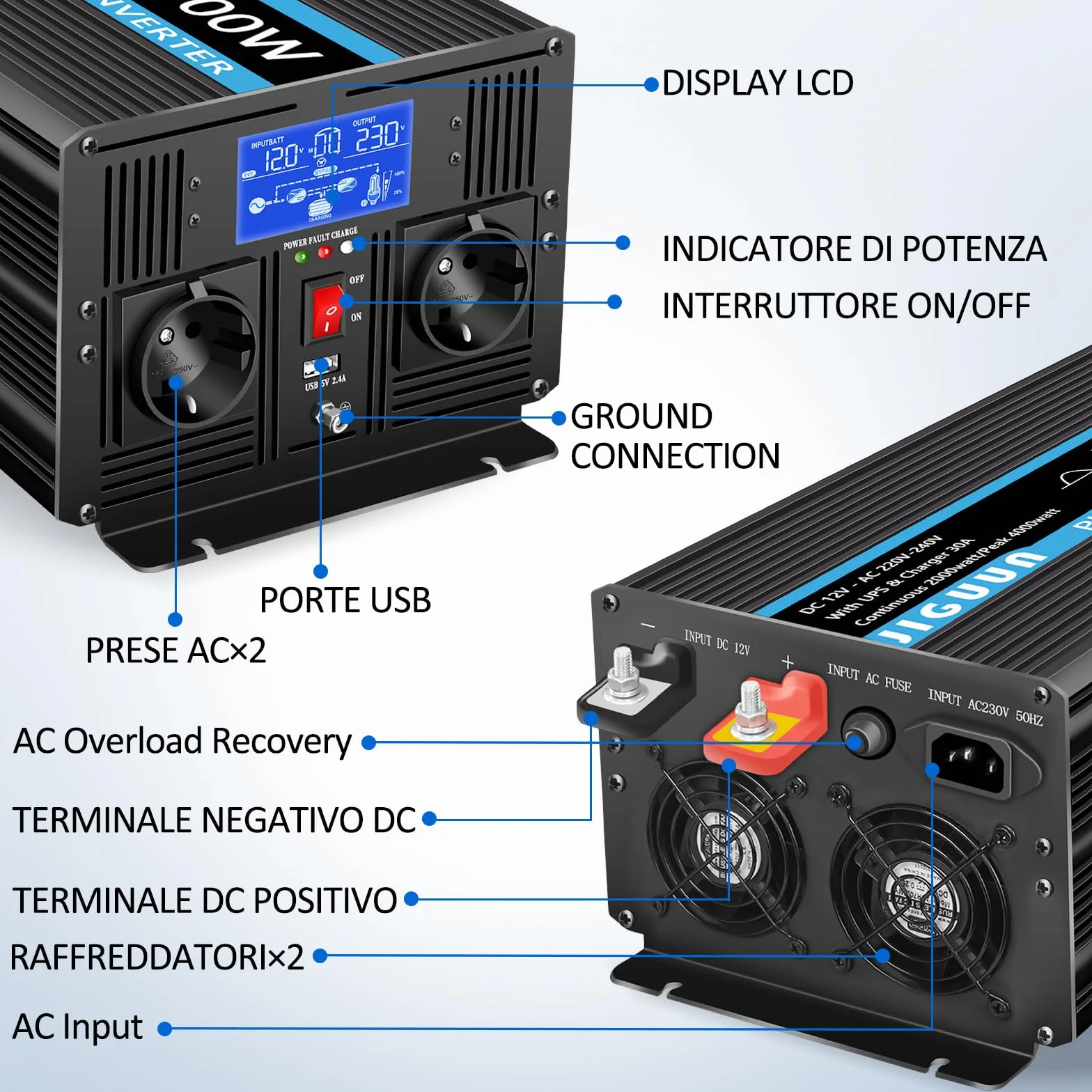 JIGUUN 2000W Inversor 12V 220V Onda Pura Inverter con Cargador 30A y Circuito Prioritario de Red y SAI，2 Tomas EU, Mando a Distancia Inalámbrico y Pantalla LCD Potencia Pico 4000W