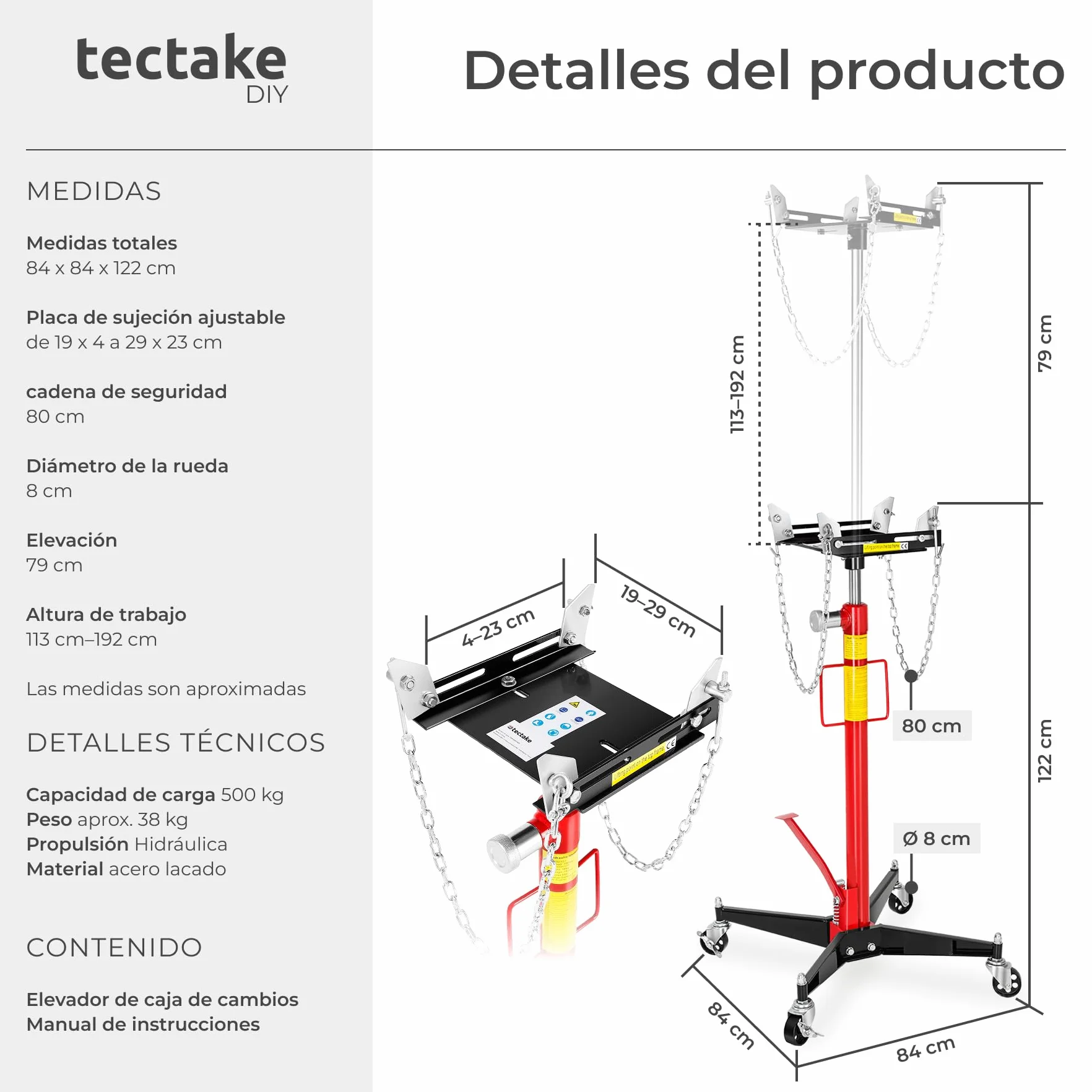 tectake® Gato Hidráulico, Soporte Motor, Gato de Foso, Gato Hidráulico Coche, Herramientas Taller Mecánico, Gato Elevador, Soporte Motor Coche - Carga hasta 500 kg, Altura de 113-192 cm