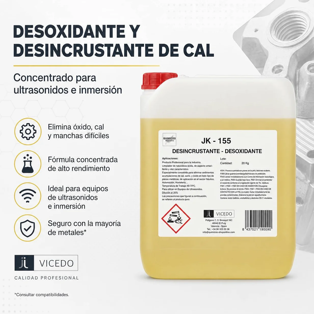 JK-155 Desoxidante Desincrustante Concentrado 5 kg para Ultrasonidos, Inmersión y Limpieza Técnica, Elimina Cal, Óxido y Depósitos Calcáreos en Superficies Metálicas