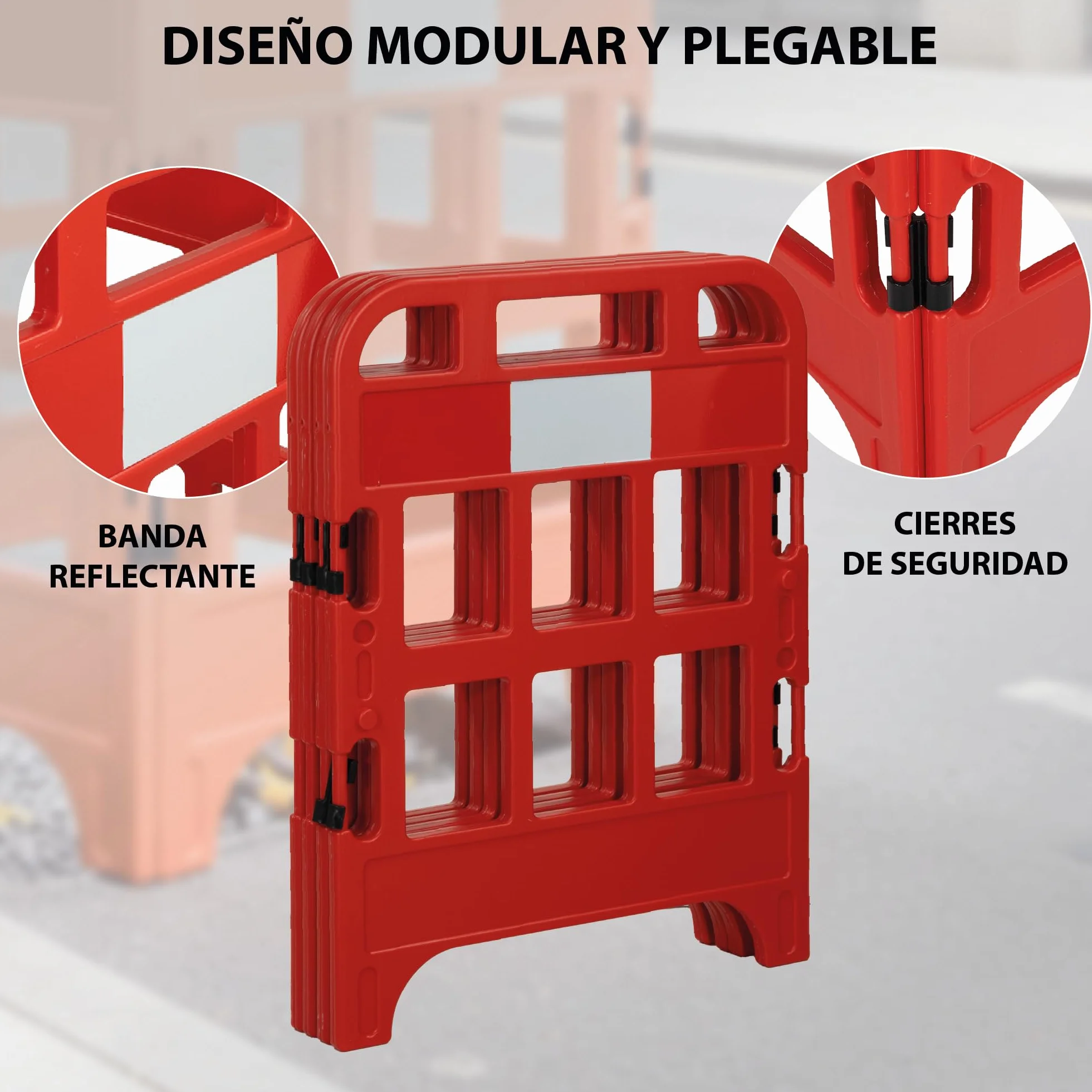 Valla de Seguridad Modular Plegable de Plástico con Bandas Reflectantes | Set de 4 Paneles Conectables | 100x75 cm | Barrera de Protección para Obras, Zonas de Reparación y Áreas Peatonales