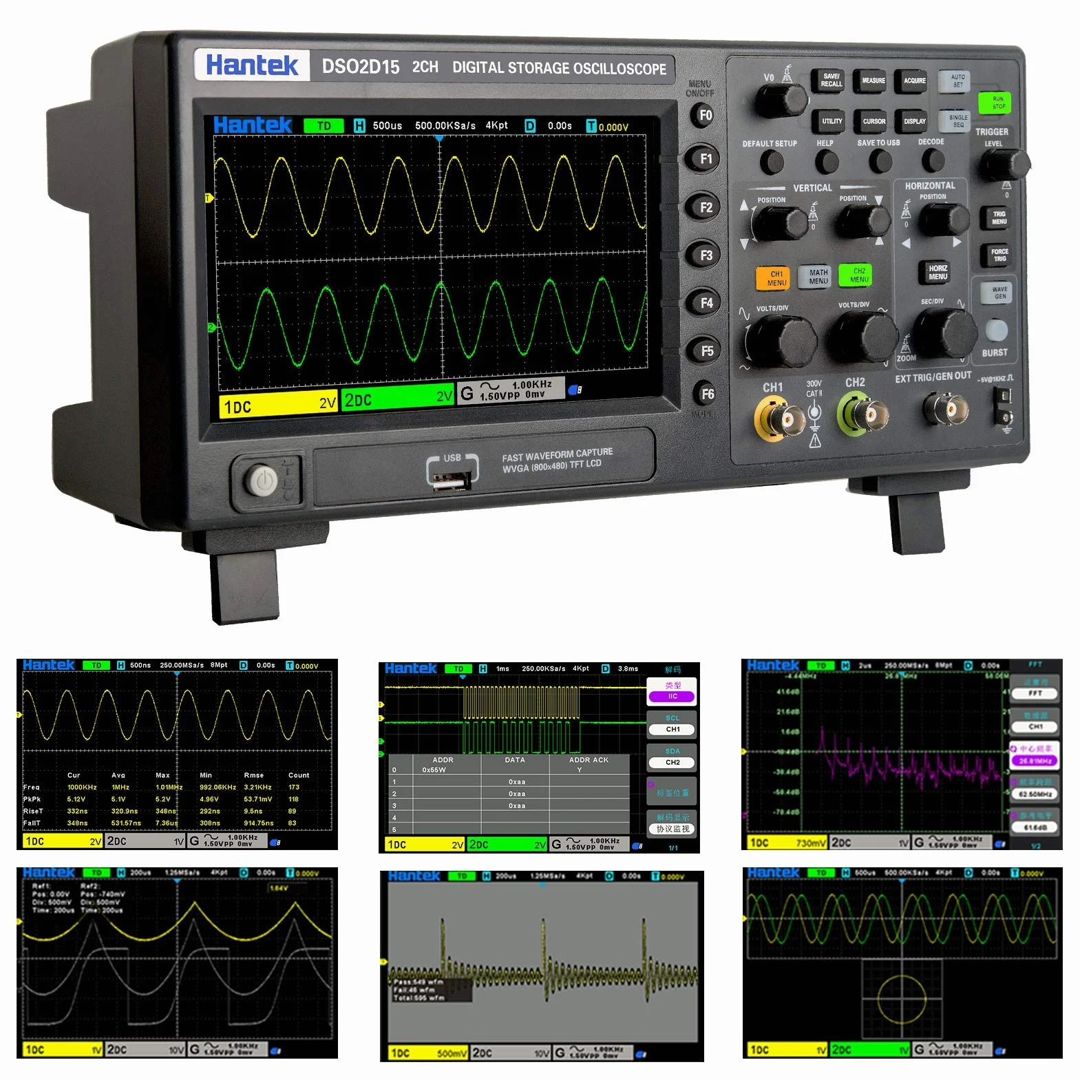 Hantek DSO2D15 Digital Osciloscopio 2 canales 1GSa/S Almacenamiento Osciloscopio 150 MHZ Banda ancha Mano