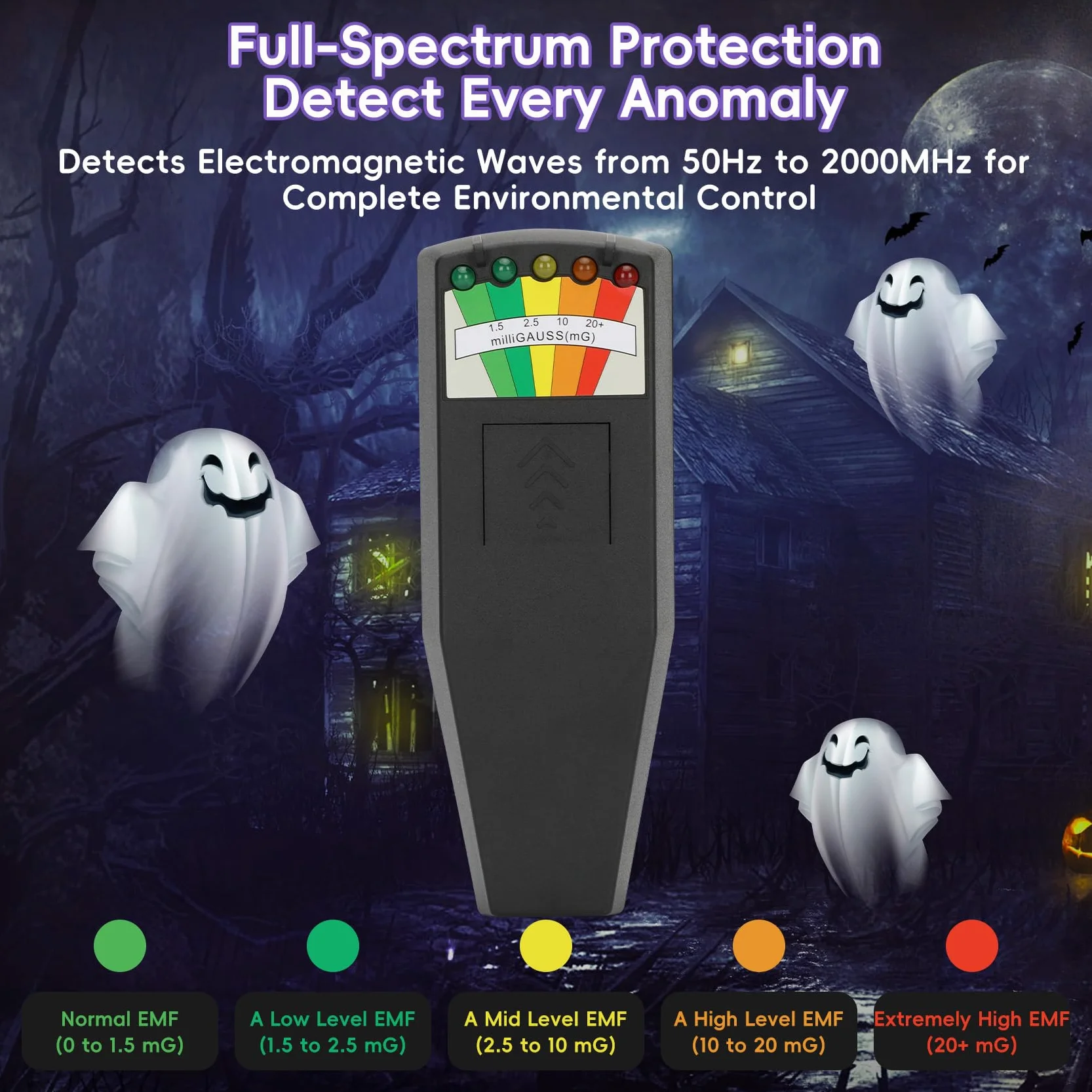 Kit de caza de fantasmas de 11 piezas con 1 medidor EMF, 1 grabadora EVP, 1 caja de espíritu, 1 altavoz, 1 termómetro infrarrojo, 1 luz UV, 2 varillas de detección de latón, 2 bolas de gato con luz
