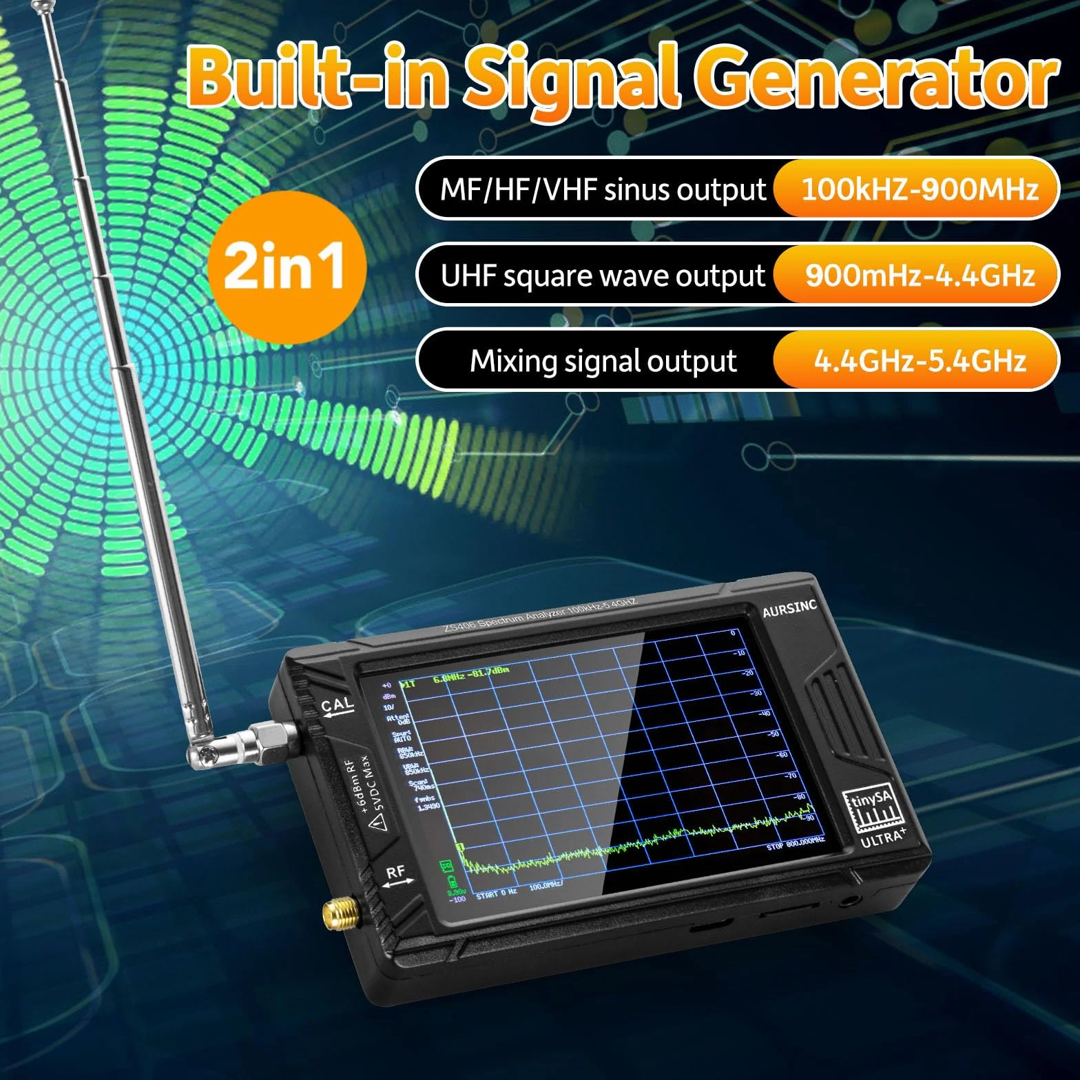 AURSINC TinySA Ultra+ ZS406 Analizador de Espectro, 2025 Actualizado HW V0.4.6 de 4.0 pulgadas 100kHz-5.4GHz con tarjeta de 32Gb, generador de señal 2 en 1 de 100kHz a 900MHz MF/HF/VHF/UHF Entrada