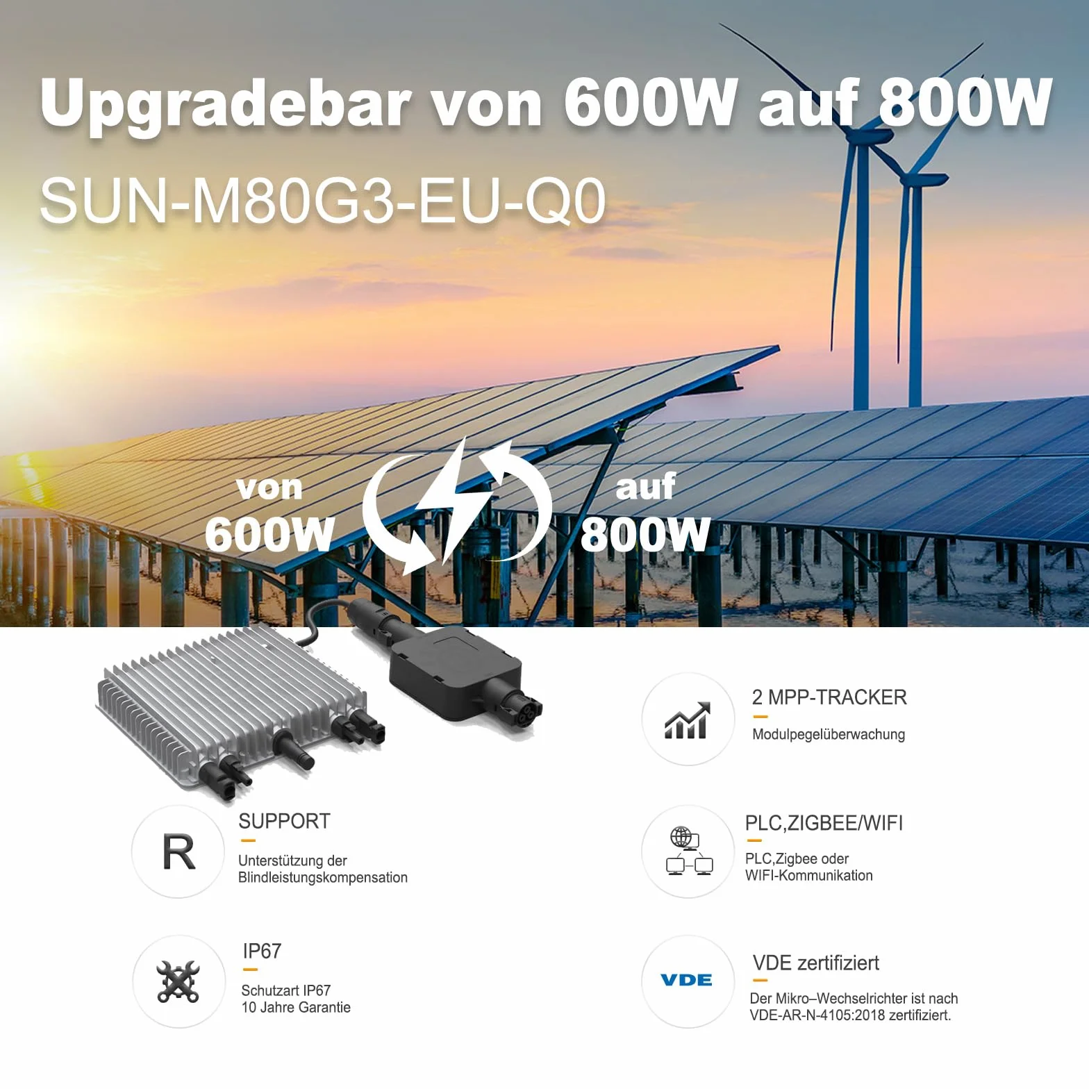 enjoy solar Deye Microinversor DC 20 V-60 V a CA 220 V-230 V, módulo WiFi integrado tipo de protección IP67, ideal para centrales eléctricas de balcones y sistemas Mini fotovoltaicos (SUN600G3-EU-230)
