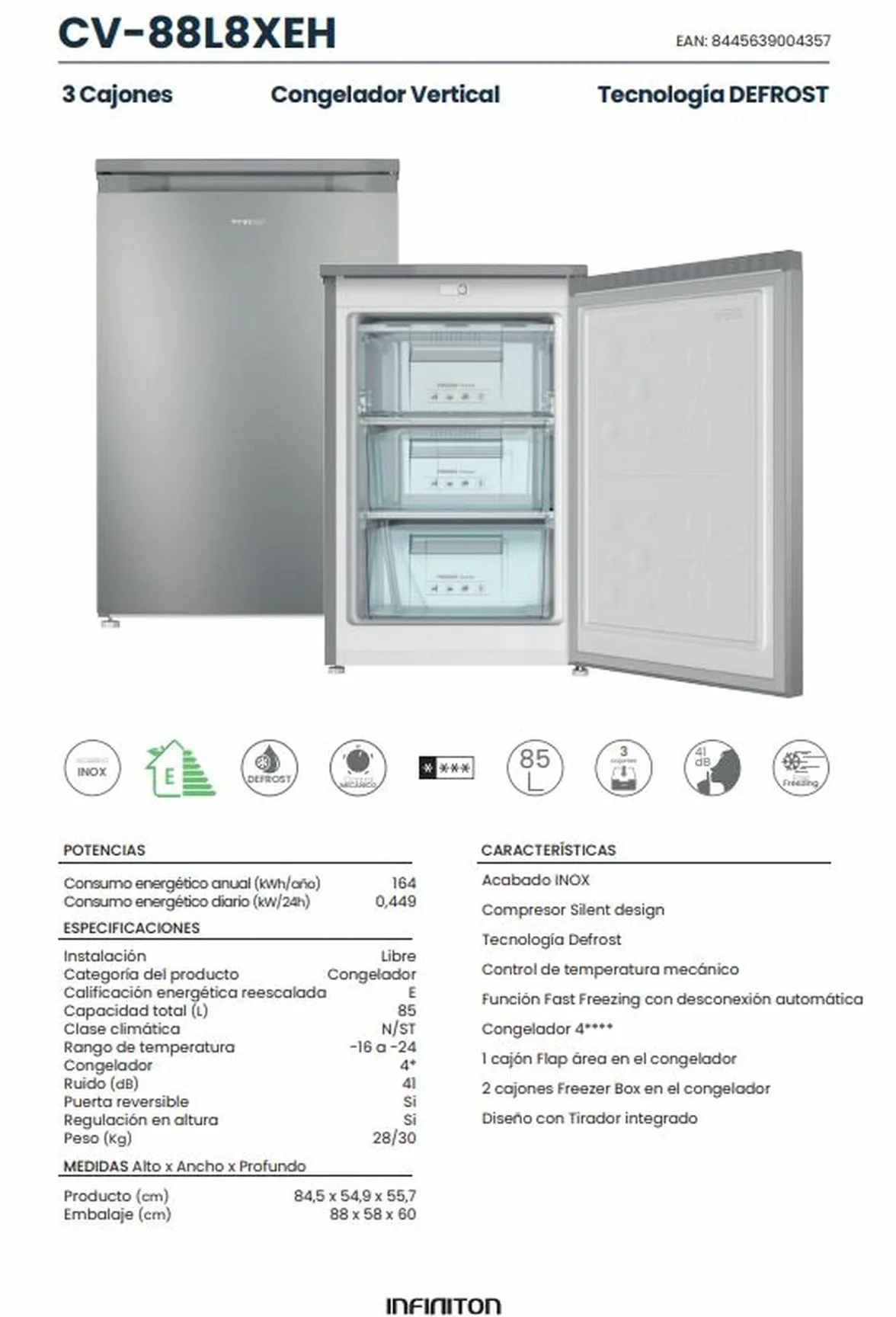Congelador Vertical Infiniton CV-88L8XEH 85 Litros Inox
