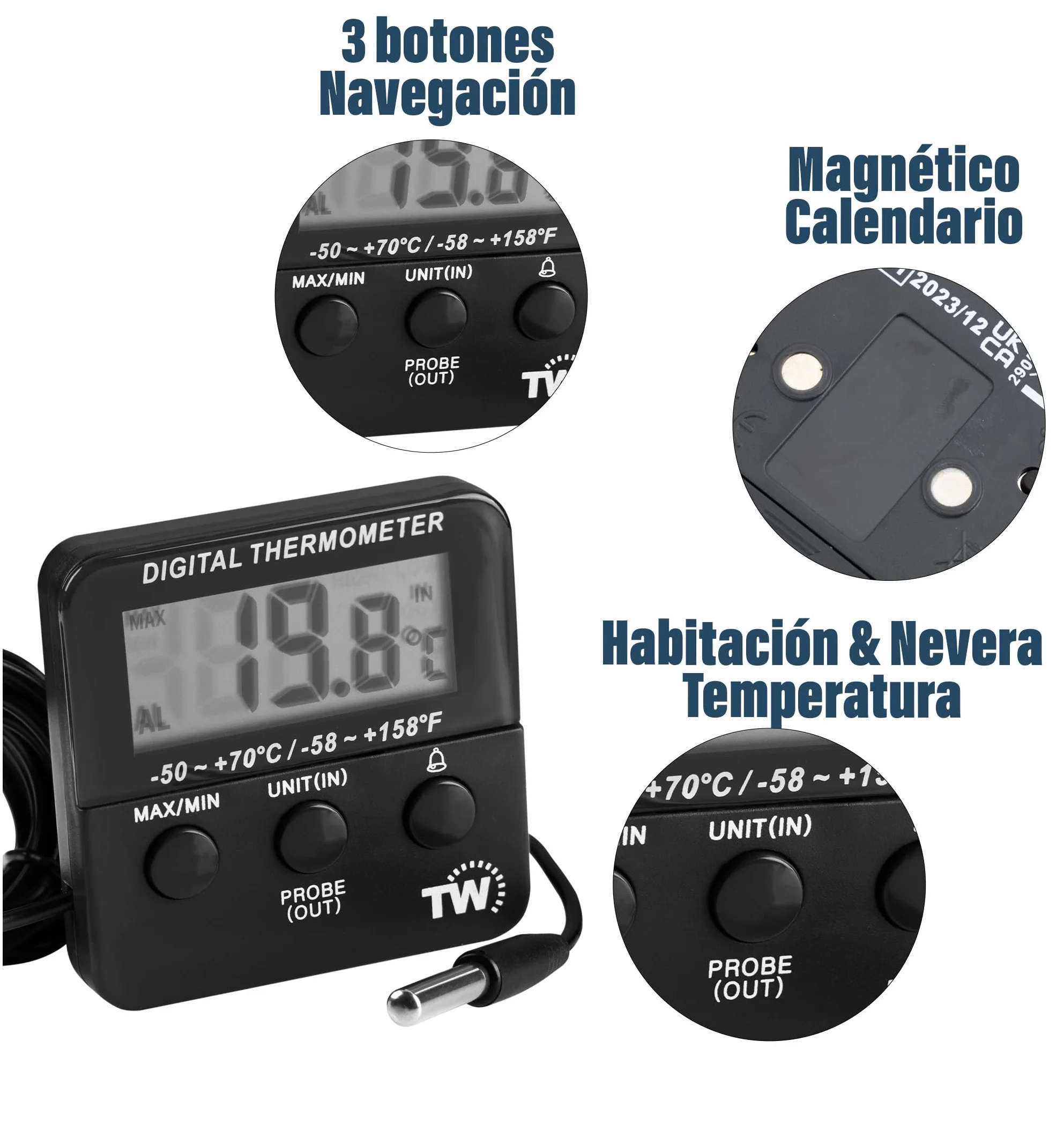 Termómetro Digital para Refrigerador con Alarma de Temperatura Máxima y Mínima