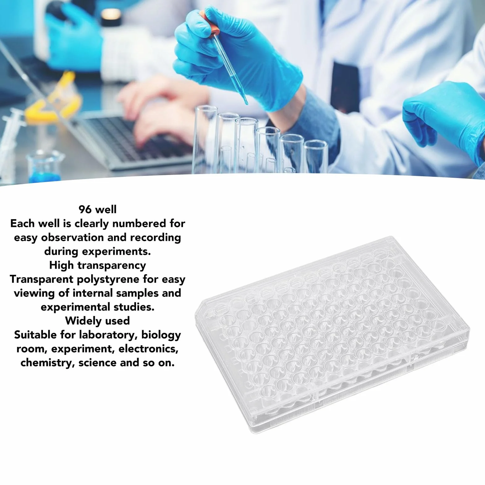 10PCS Placas de Cultivo Celular 96 Pozos - Placas de Poliestireno Transparente con Tapa para Investigación (Fondo plano)