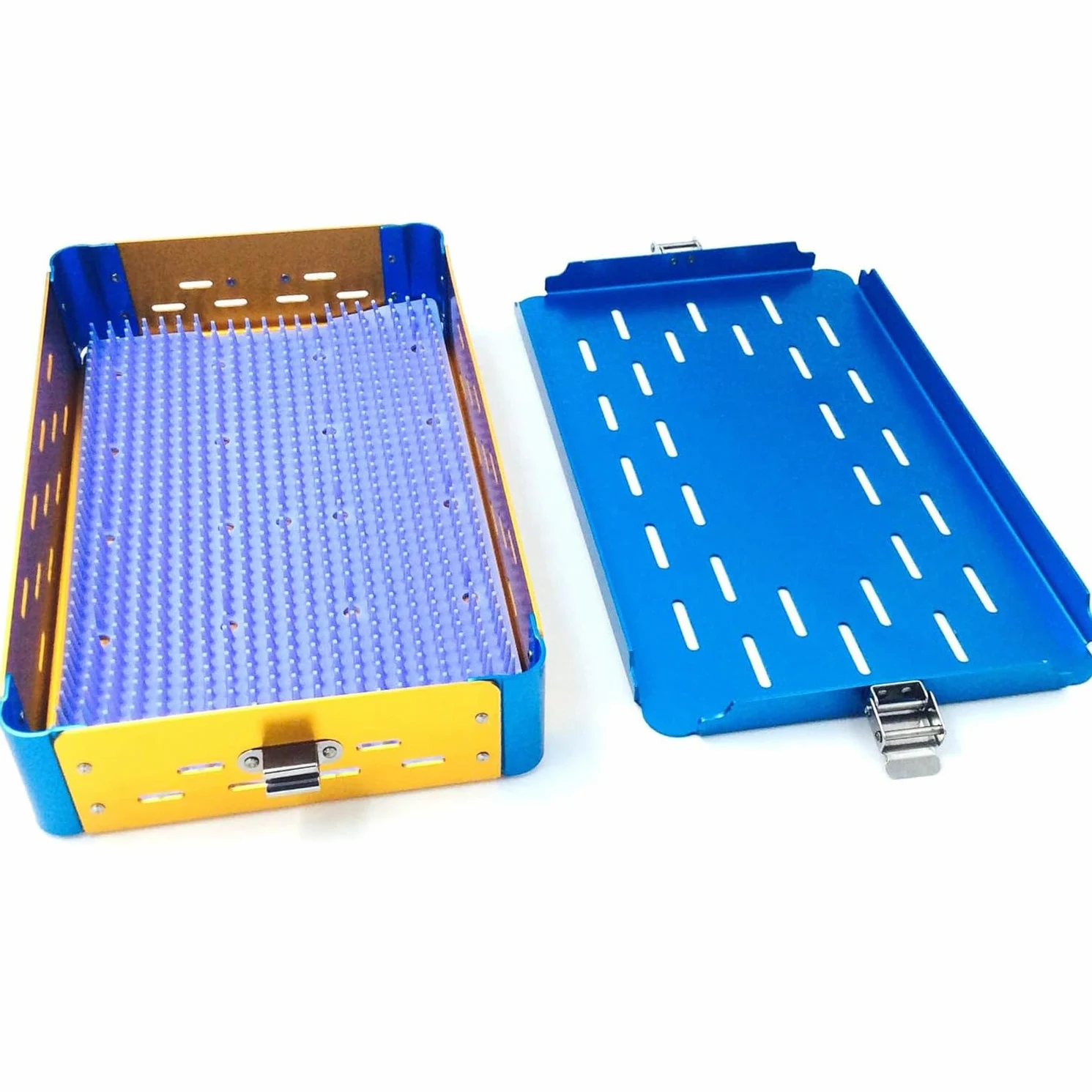 Caja de esterilización de instrumentos quirúrgicos médicos, bandeja de cesta ultrasónica de desinfección de aluminio con estera de silicona