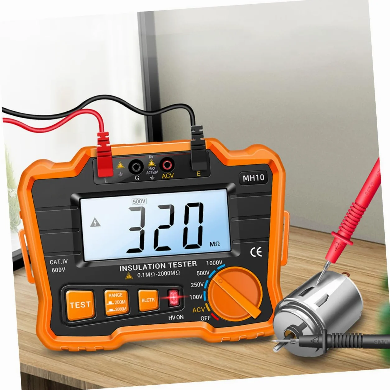 Megóhmetro Medidor Electrónico Industrial Mh10 de Resistencia de Aislamiento Digital Retroiluminación Lcd Naranja para Pruebas Eléctricas y Mantenimiento Profesional